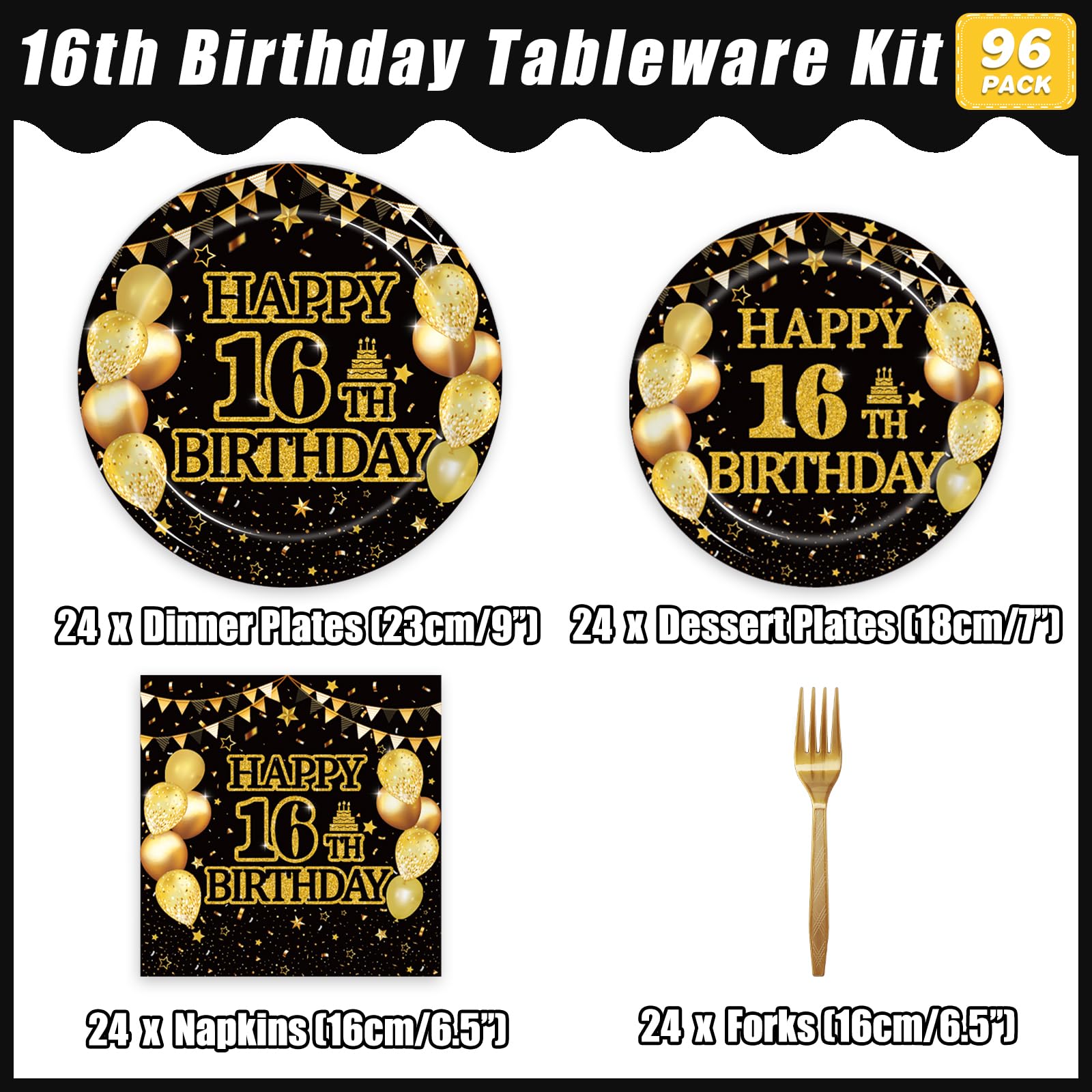 96Pcs 16Th Birthday Party Tableware Set, Black Gold Cheers To 16 Years Party Decorations Supplies 16 Years Old Birthday Party De