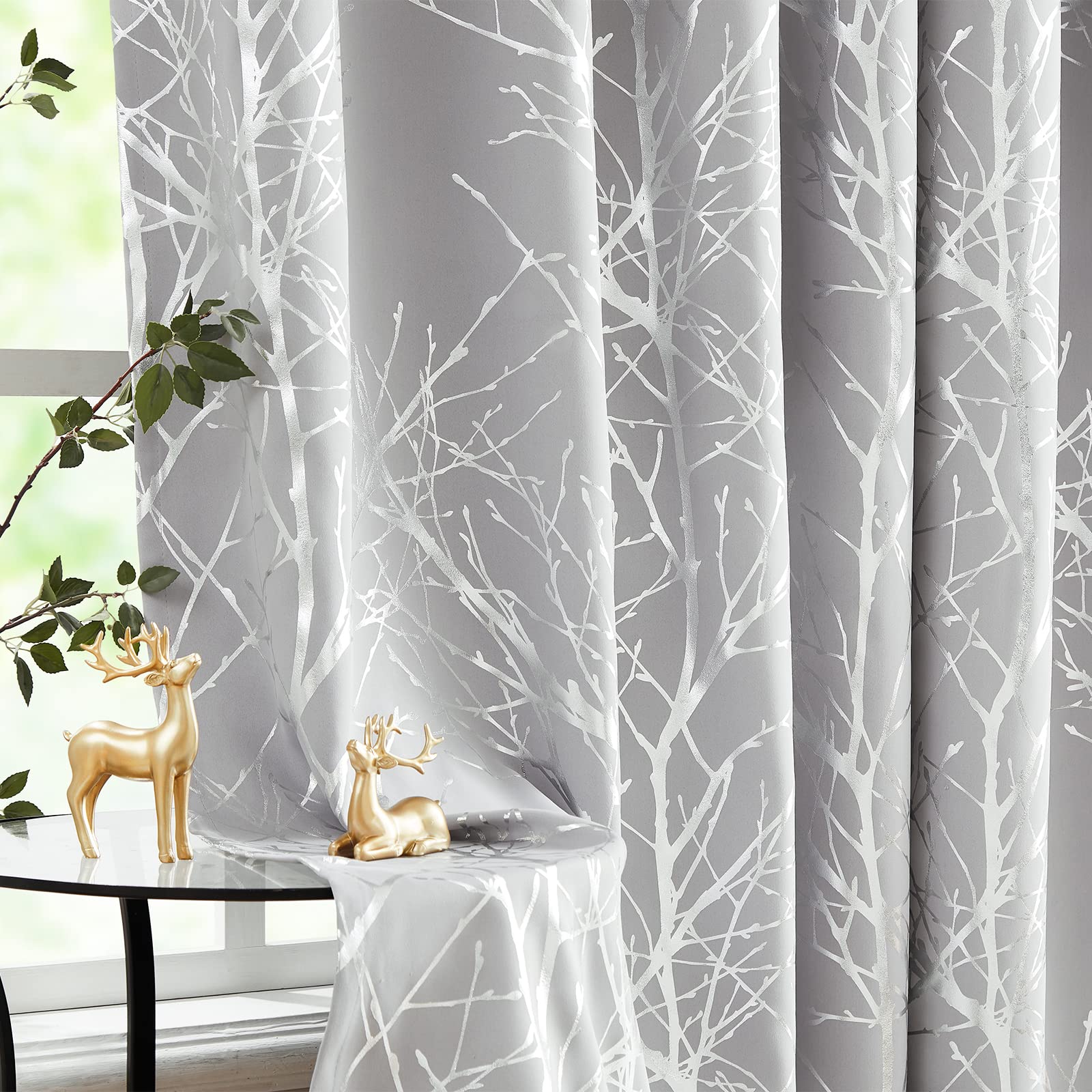 Fmfunctex Silver Tree Grey Blackout Curtains 63 Inches For Bedroom Living Room Metallic Branch Print Window Panels Thermal Insul