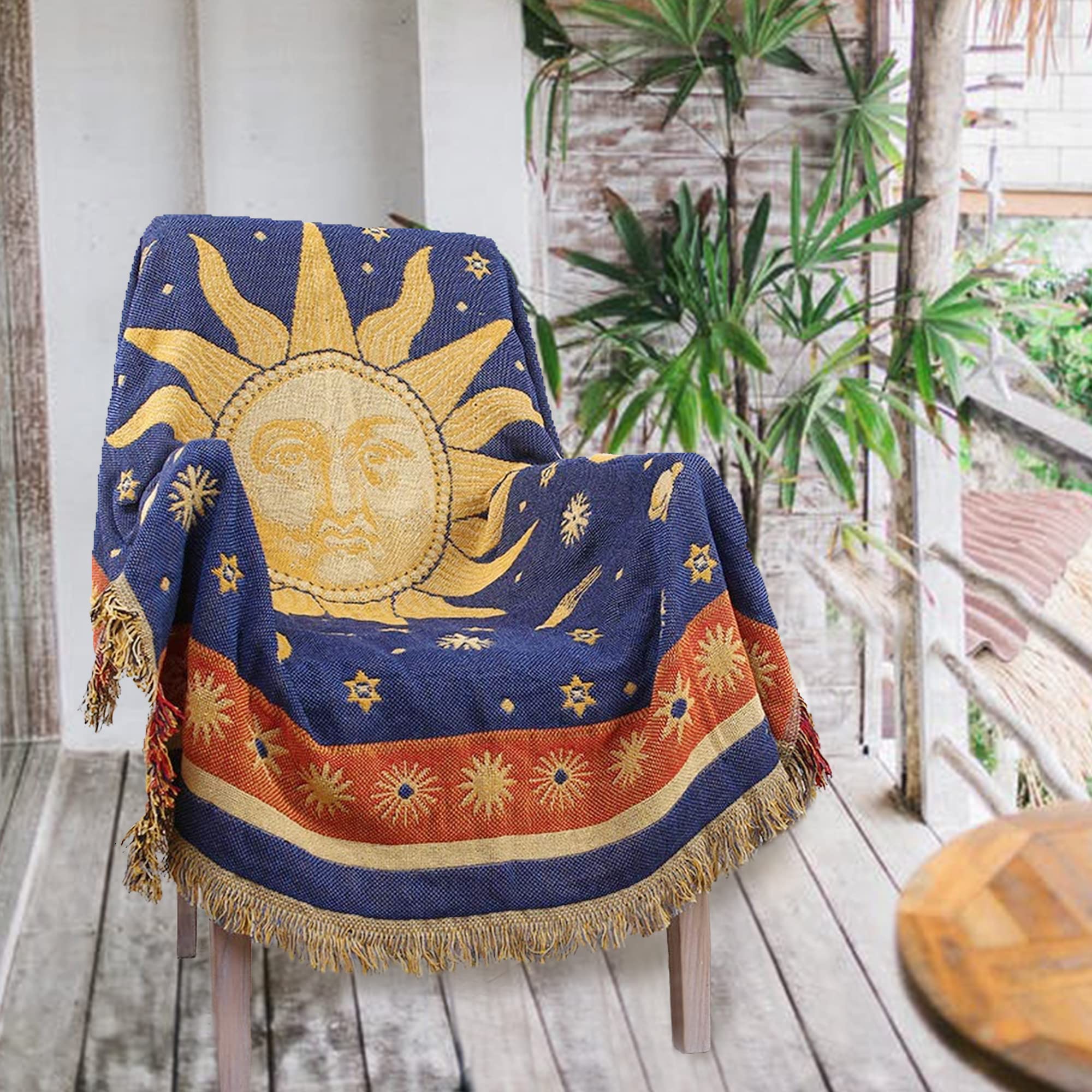 Hippie Throw Blanket Sun Moon Stars Boho Throw Blankets Celestial Tapestry Double-Sided Reversible Woven Cotton Home Decor Beddi