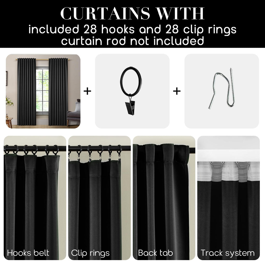 Shineland Black Curtains 96 Inches Long 2 Panel Set For Living Room,Blackout Room Darkening Thermal Back Tab Hooks Rings Pleat 8