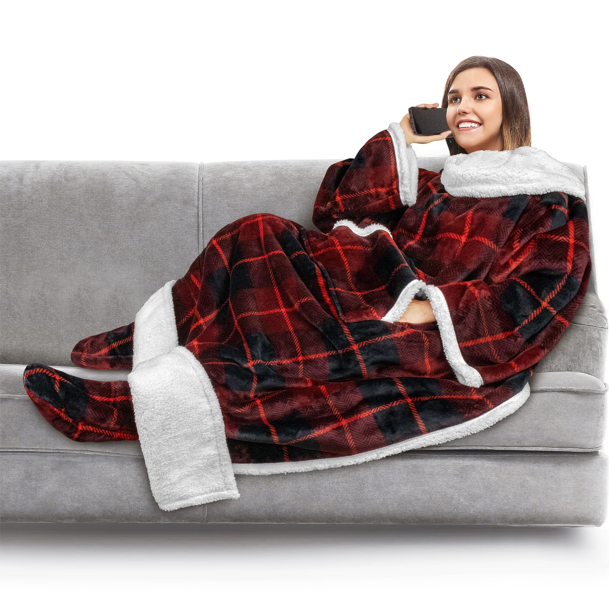 PAVILIA Sherpa Blanket with Sleeves and Foot Pocket Women Men Adults, Fleece Wearable Blanket Sleeved Throw Wrap, Thick Hug Slee