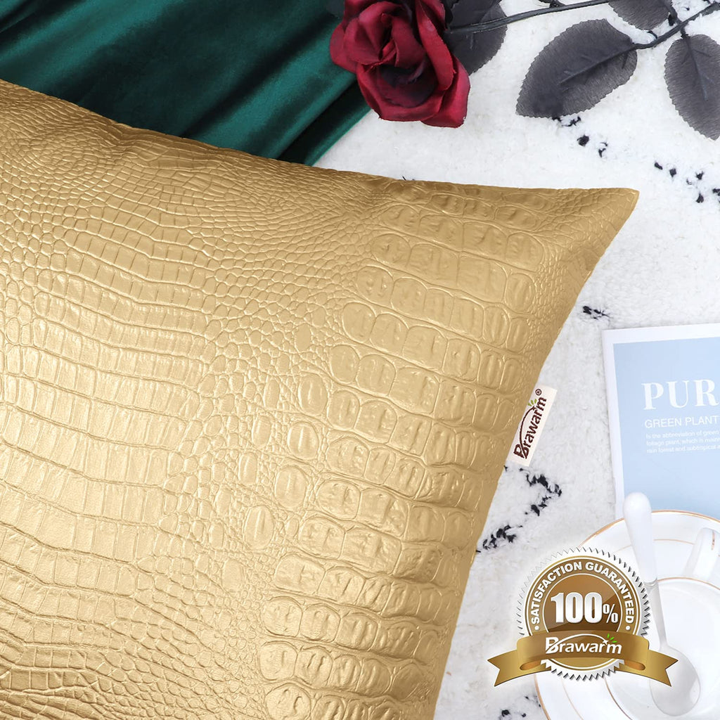 Brawarm Faux Leather Pillow Covers 12 X 20 Inches, Gold Leather Pillow Covers Pack Of 2, Crocodile Leather Decorative Lumbar Thr