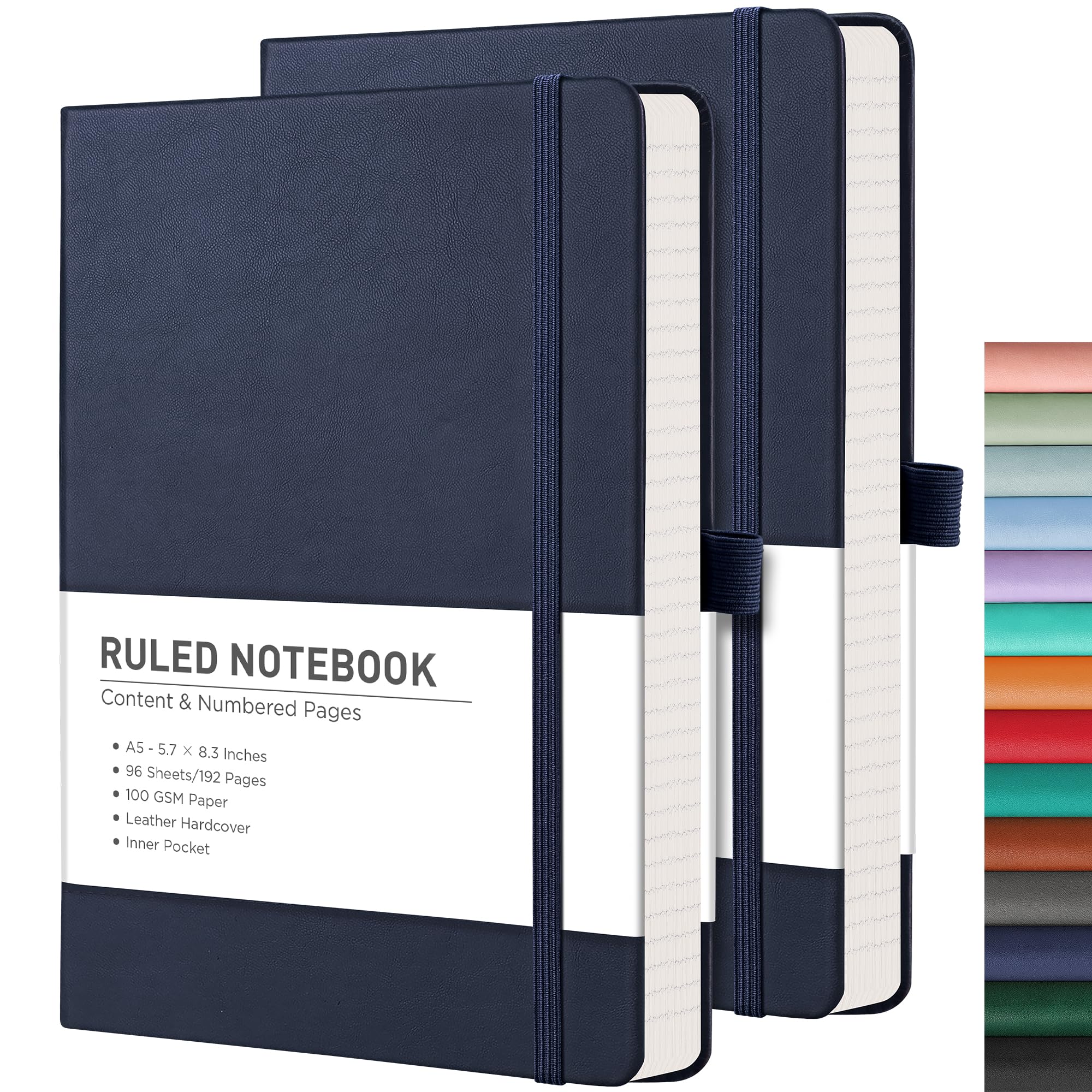 Rettacy Journaling Notebooks 2-Pack - A5 Notebooks College Ruled With 192 Numbered Pages Per Pack, For Work, School, 100 Gsm Aci