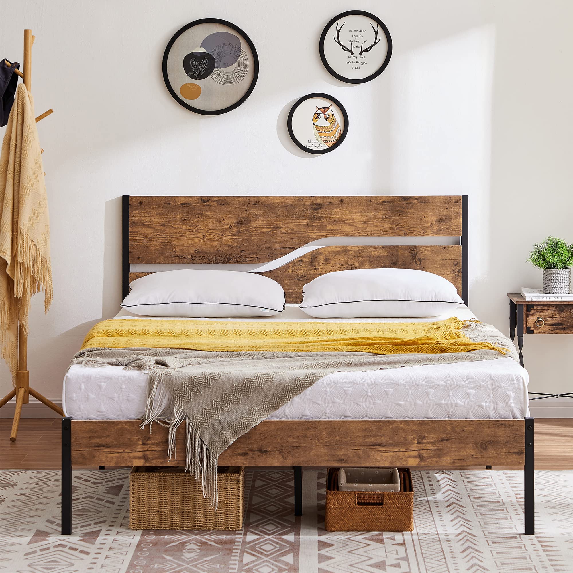 Vecelo Platform Bed Frame Full Size With Rustic Vintage Wood Headboard, Mattress Foundation, Strong Metal Slats Support, No Box Spring Needed