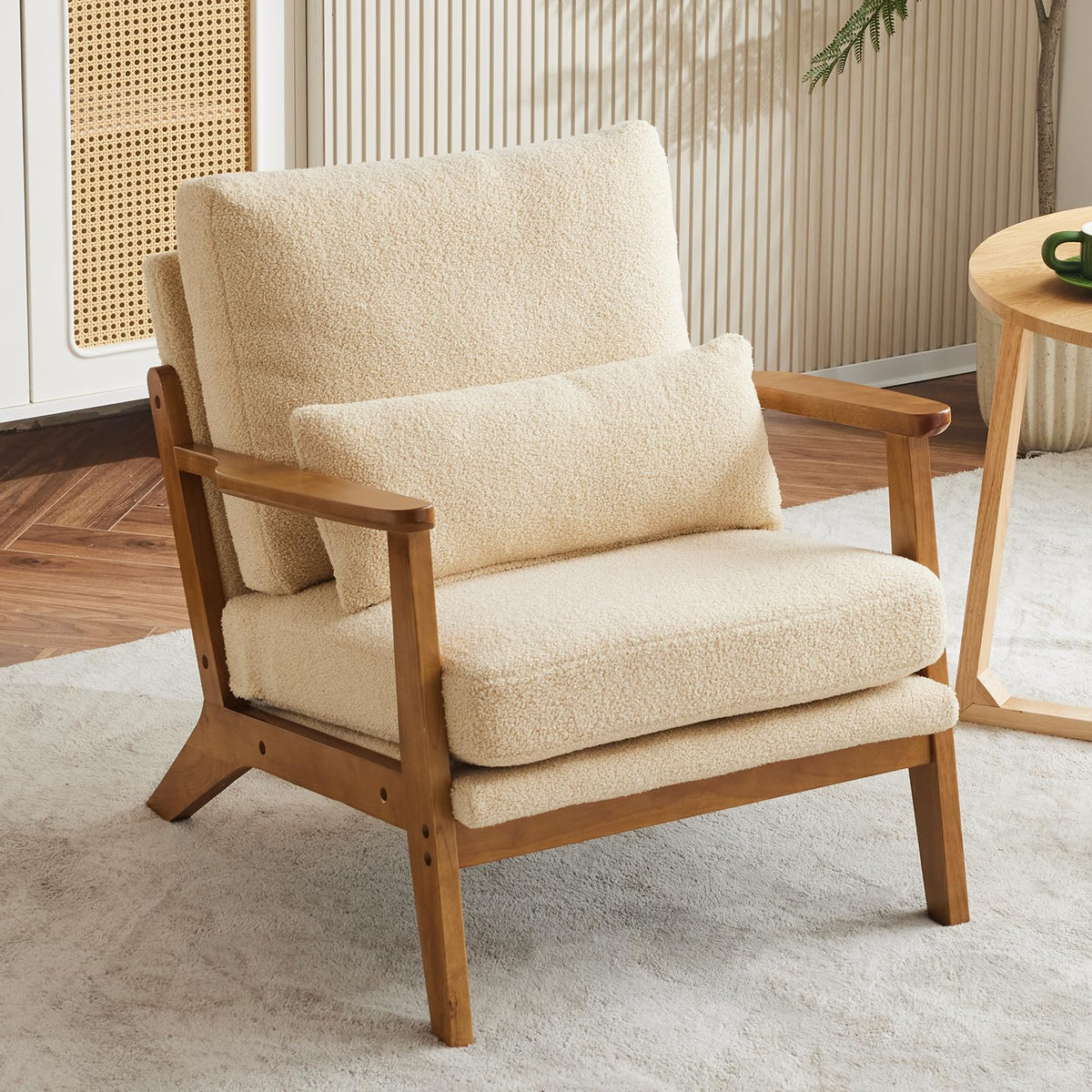 Karl Home Accent Chair Wide Armrest Mid-Century Lounge Chair Teddy Fleece Armchair With Lumbar Pillow & Solid Wood Frame For Liv