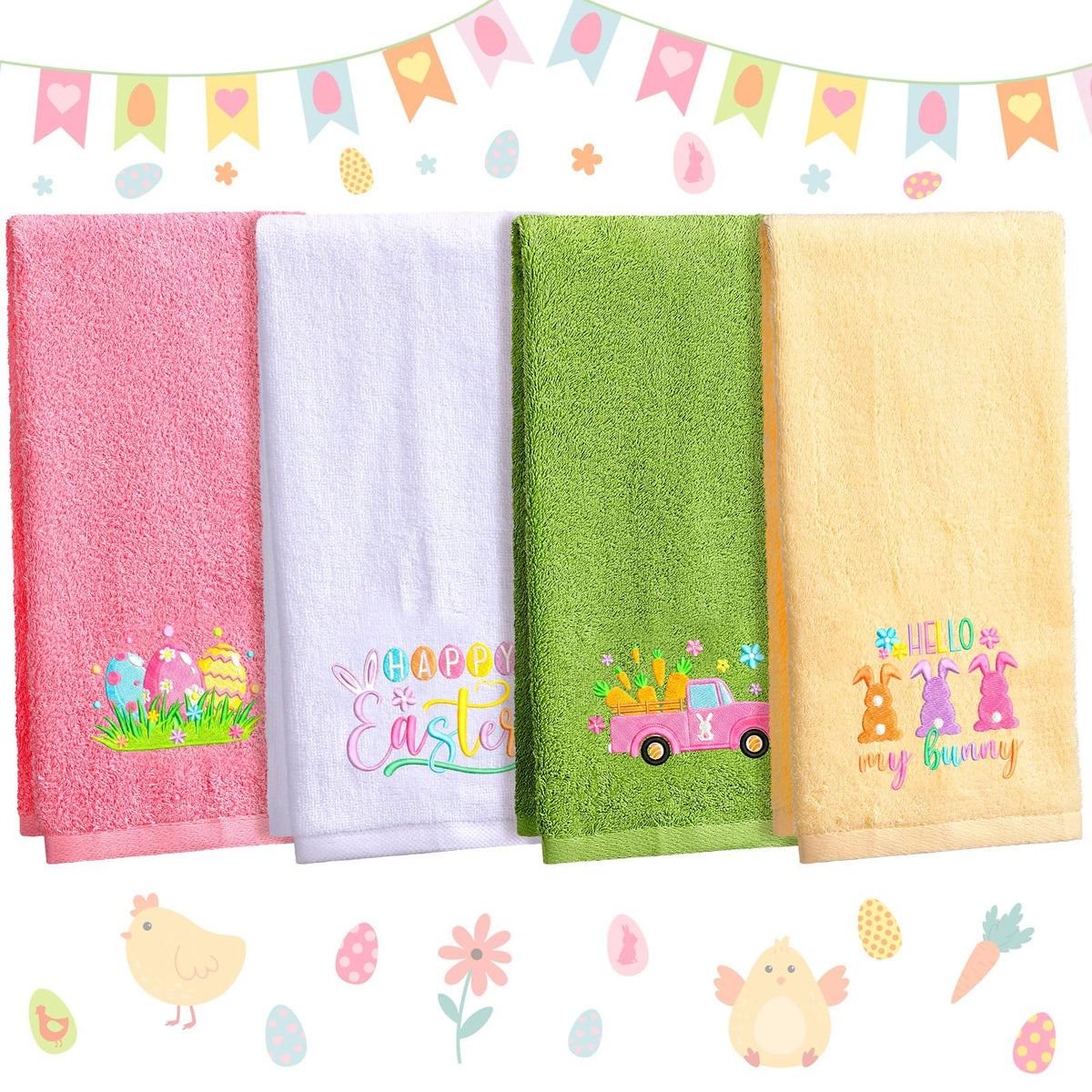 Pickmesh 4 Pcs Easter Hand Towels Set Bunny Egg Bathroom Dish Towels Easter Truck Cotton Embroidered Kitchen Towels 13.3 x 29 In