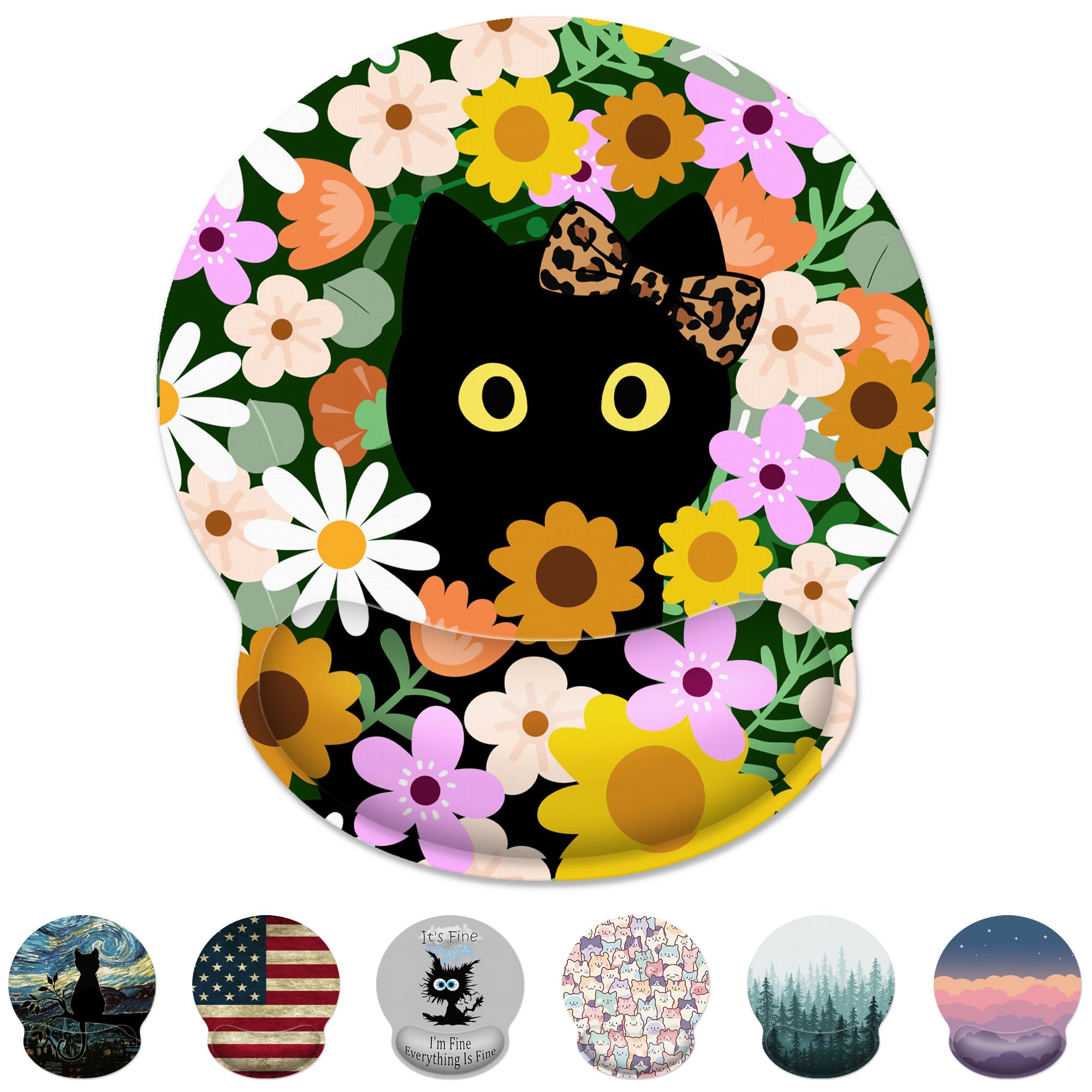 Ergonomic Mouse Pad With Wrist Support,Flower Cute Black Cat Mouse Pad With Wrist Rest,Relieve Wrist Pain Mousepad Non-Slip Rubb