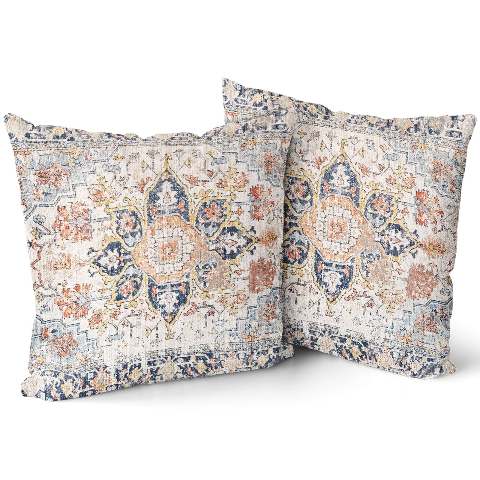 Cream Blue Orange Teal Vintage Bohemian Pillow Covers 18X18 In Mustard Yellow Blue-Grey Boho Flower Rug Oriental Carpet Pillowca