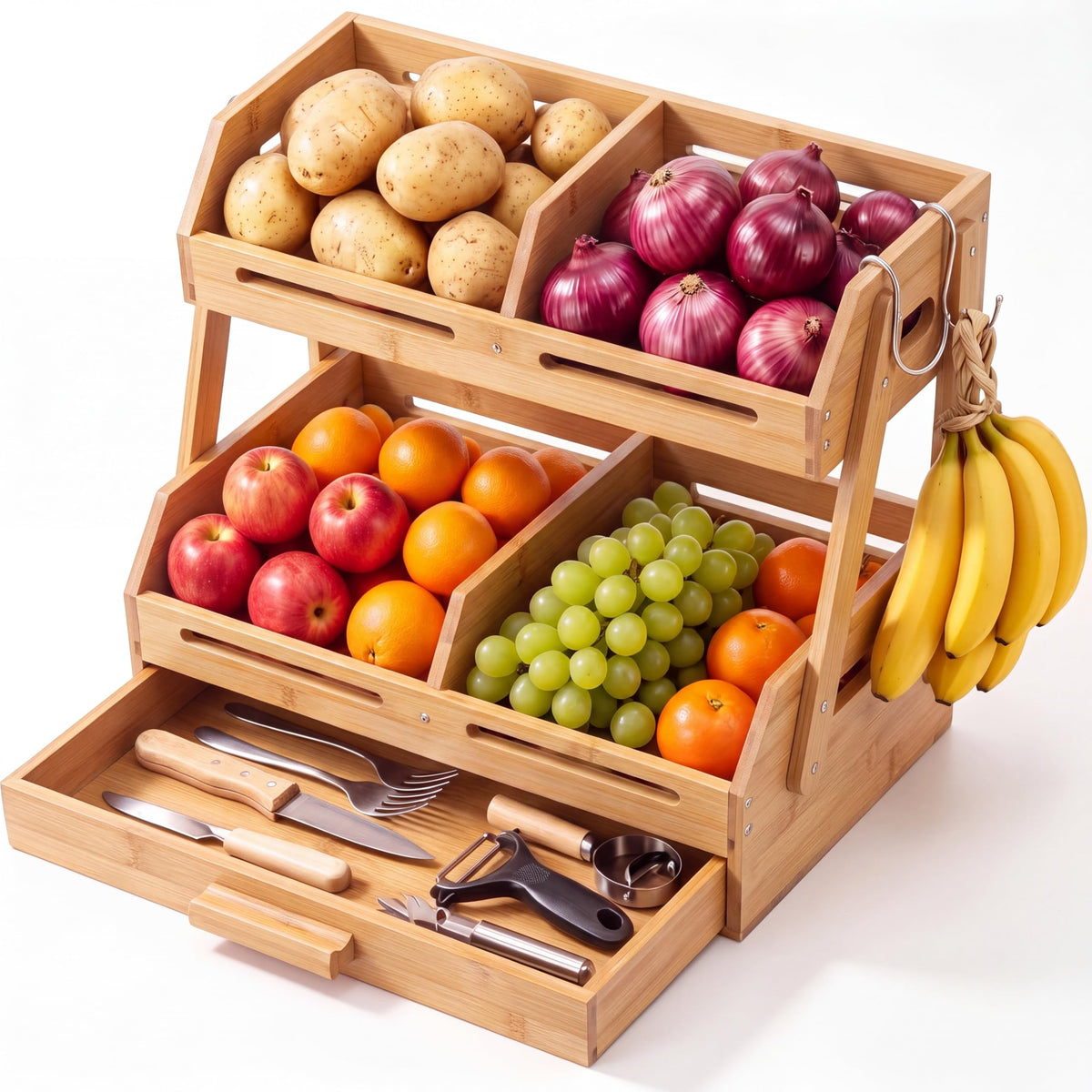 Ferrochef 2 Tier Fruit Basket Bamboo with Drawer Storage Organizer