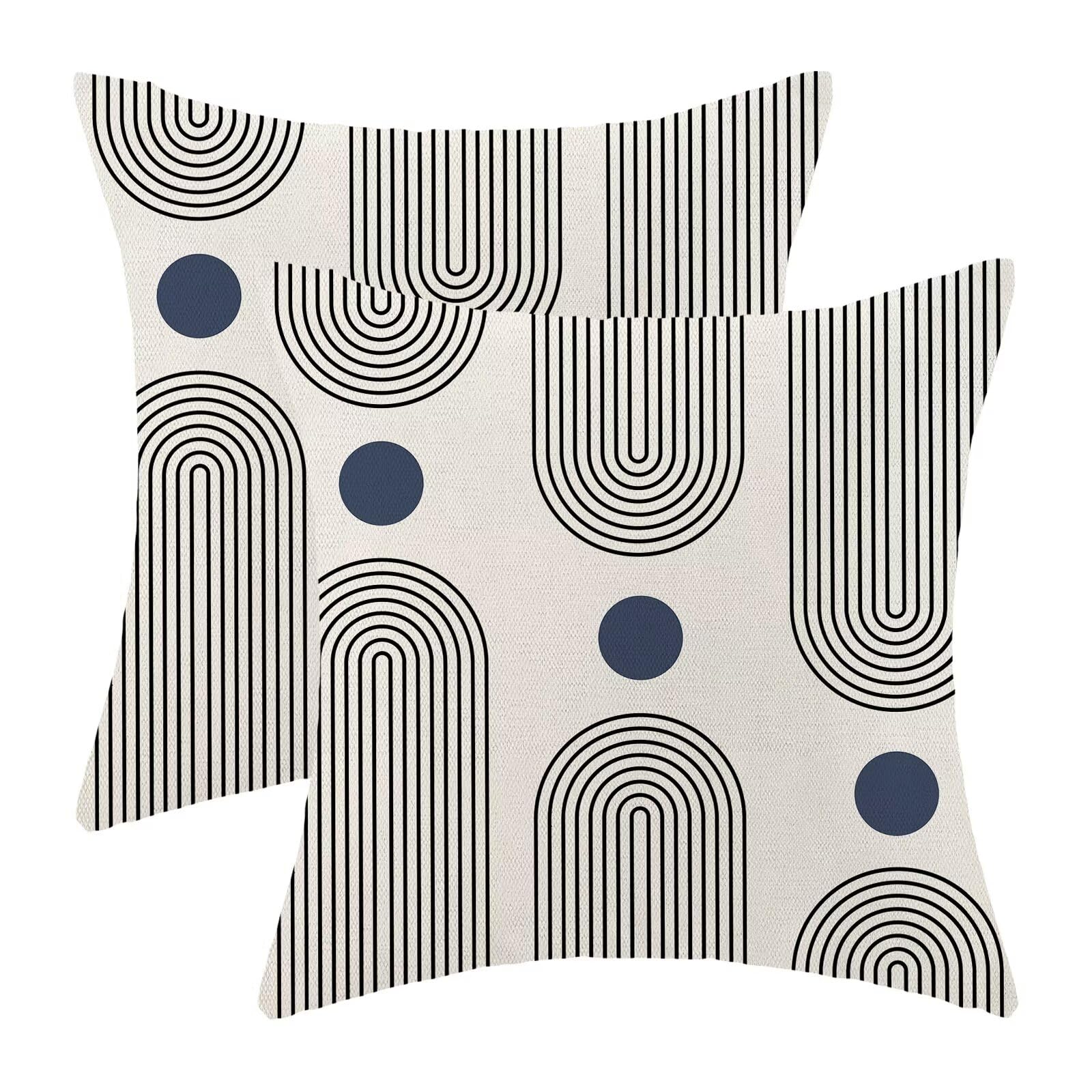 Boho Mid Century Pillow Covers 18X18 Inch Set Of 2, Abstract Simple Blue Sun Arch Decorative Throw Pillowcase Boho Modern Outdoo
