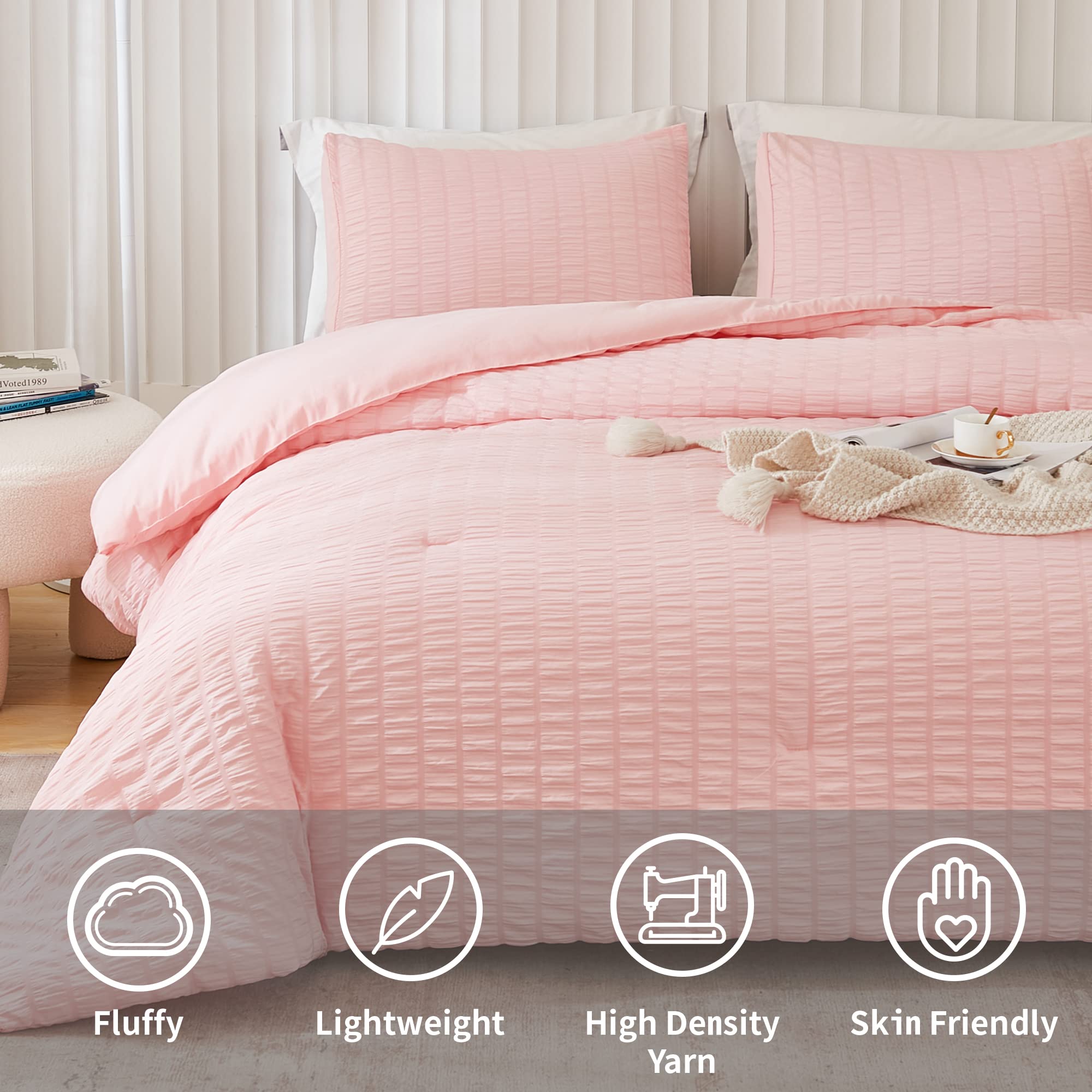 Avelom Blush Pink Seersucker Twin/Twin Xl Comforter Set (68X90 Inches), 2 Pieces-100% Soft Microfiber Lightweight Comforter With 1 Pillowcase, All Season Down Alternative Comforter Set For Bedding