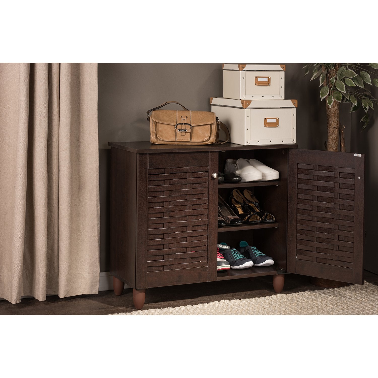 Wholesale Interiors Baxton Studio Winda Modern and Contemporary 2-Door Dark Brown Wooden Entryway Shoes Storage Cabinet -
