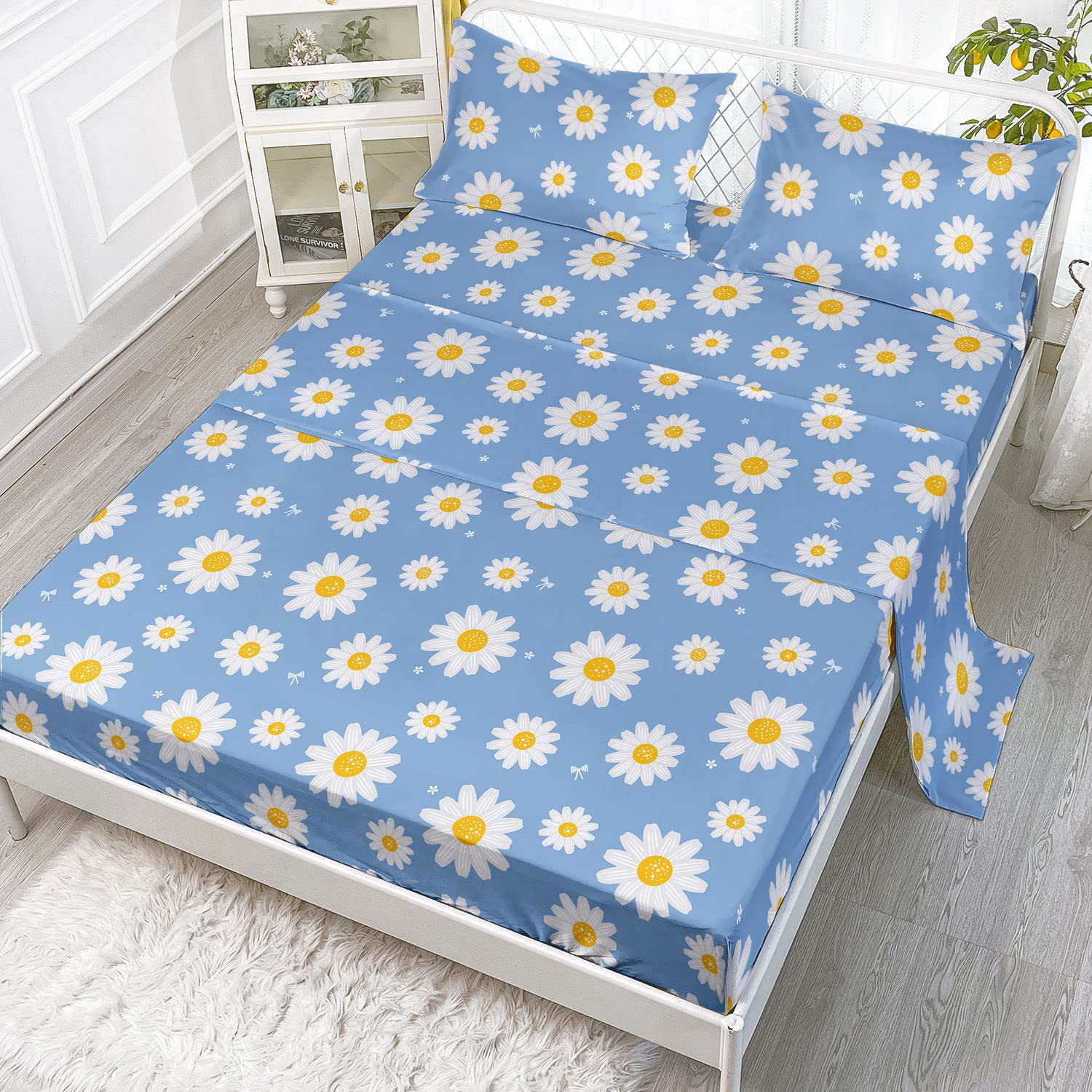 Datura Home Daisy Blue Sheets Set 4Pcs For Kids,Lightweight Blue And White Daisy Print Sheet Set With 1 Flat Sheet And 1 Fitted