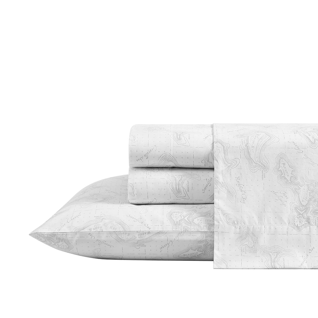 Eddie Bauer Home Sheets Cotton Percale Bedding Set, Crisp & Cool, Stylish Home Decor, Full, Fish Atol White/Grey