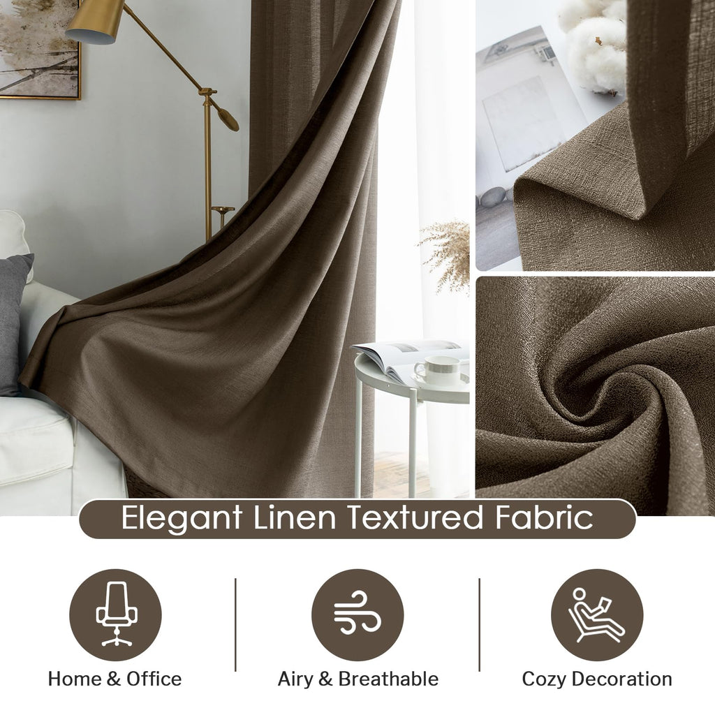 Melodieux Brown Semi Sheer Curtains 72 Inches Long For Bedroom, Living Room Linen Look Privacy Window Rod Pocket Sheer Drapes, 5