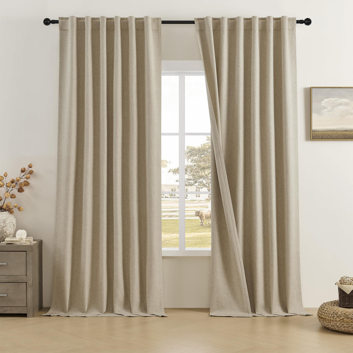 Dualife 132 Inch Linen Blackout Curtains 11 Ft/Feet Long For Ceiling Track System Back Tab Loop Pocket Curtains Pinch Pleated Dr