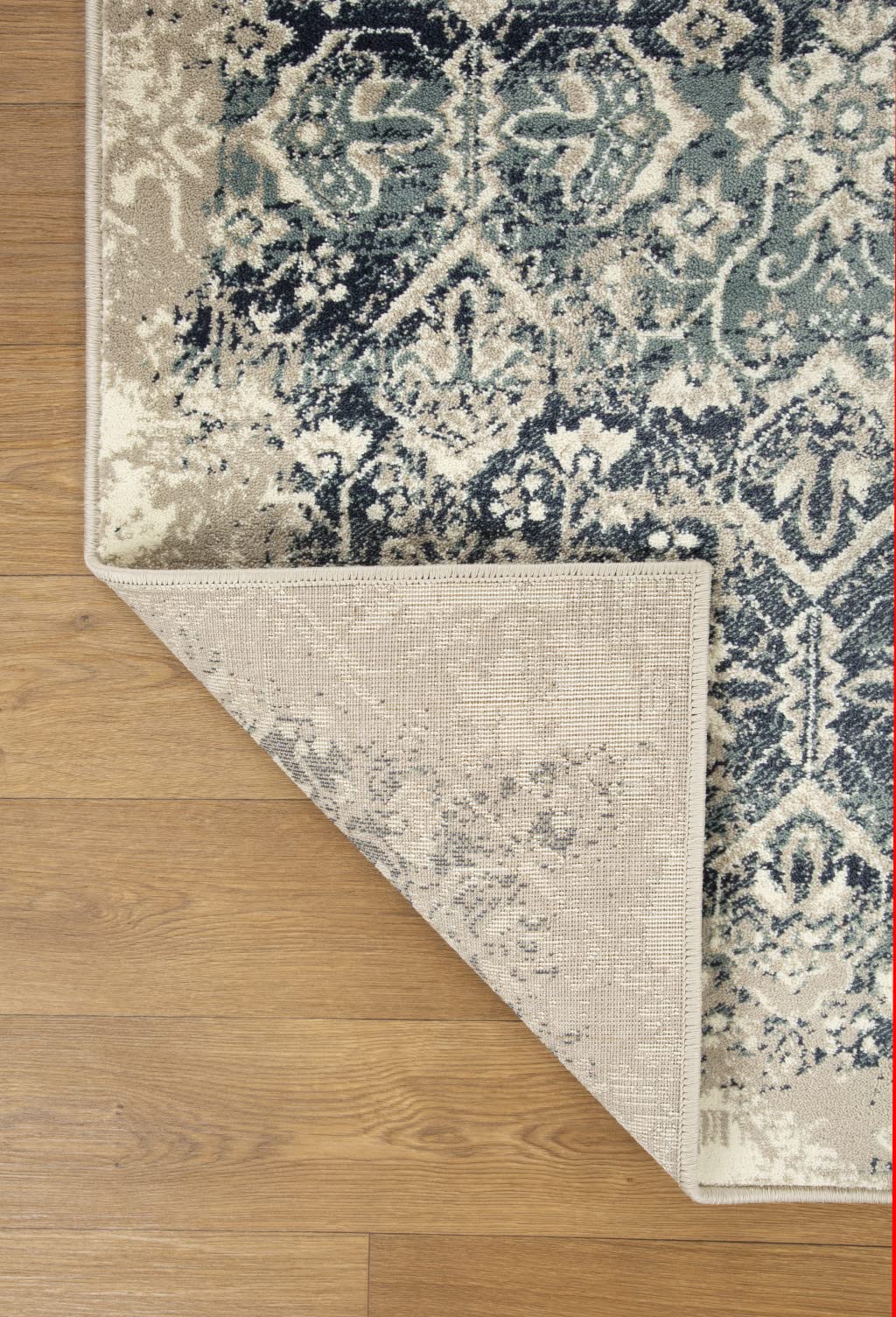 HomeRoots Ivory/Blue Heat-Set Polypropelene 3’ x 5’ Beige Blue Distressed Diamonds Area Rug