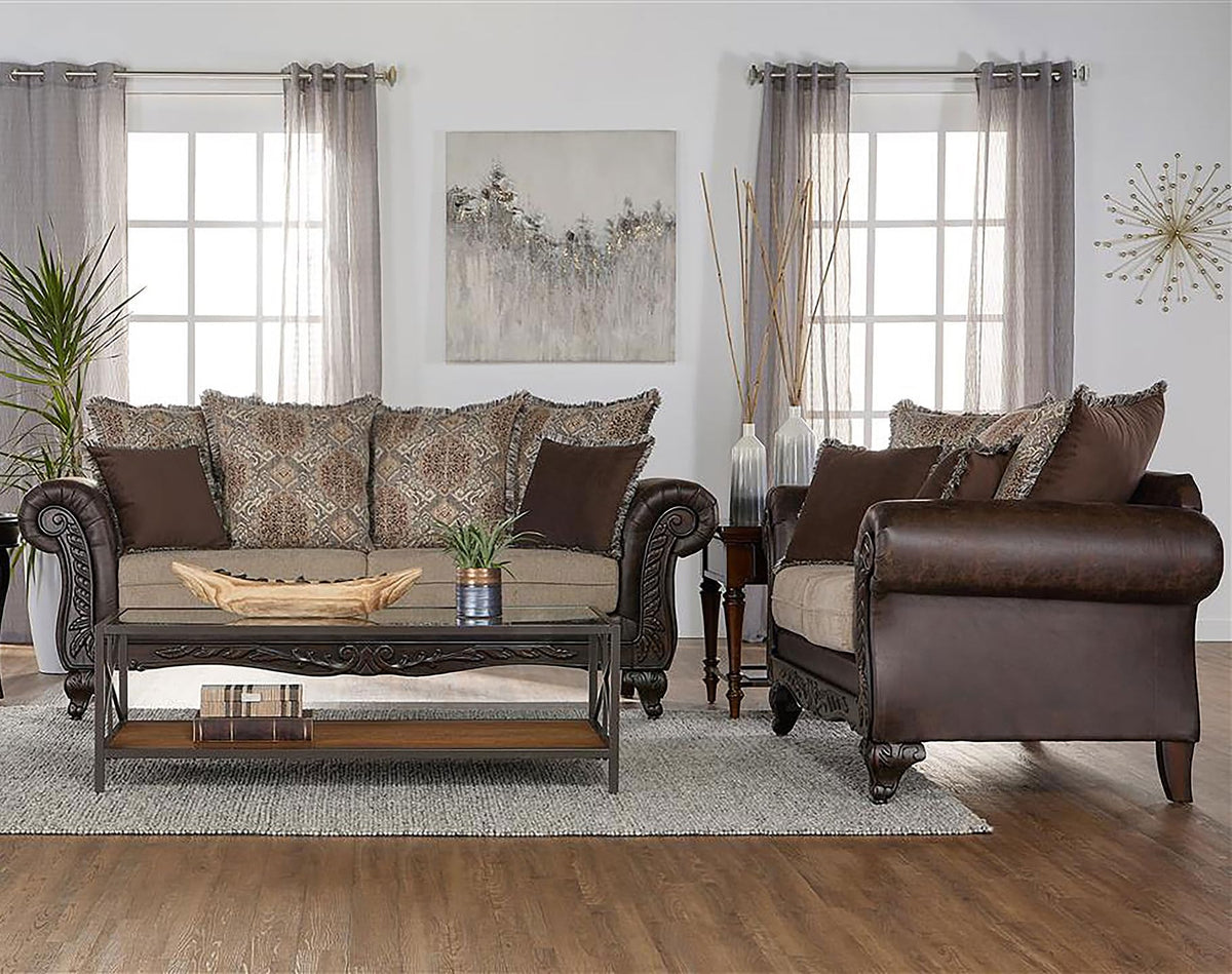 Coaster Elmbrook 2-Piece Upholstered Rolled Arm Sofa Set Brown