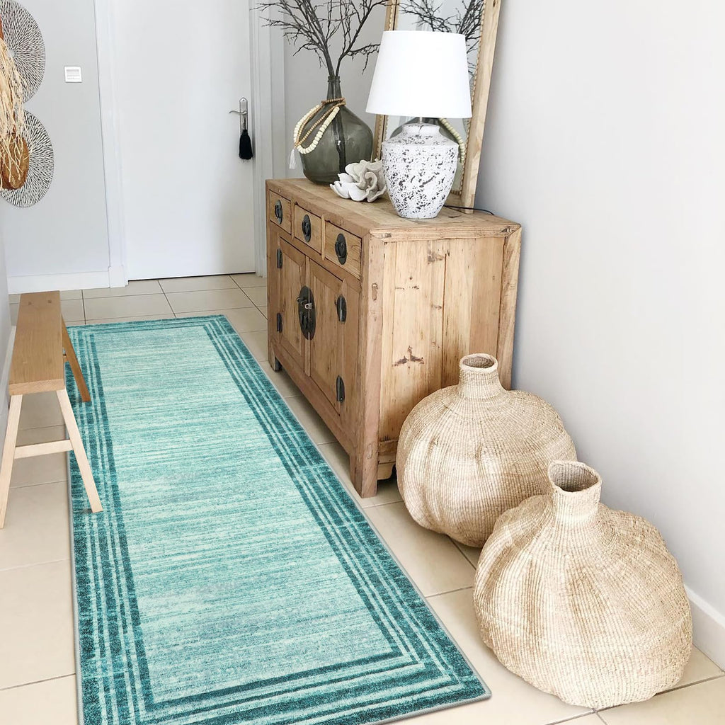 Lahome Abstract 2x6 Teal Runner Rug for Entryway Indoor,Washable Modern Rug Runners for Hallways Non Slip,Low-Pile Soft Minimali