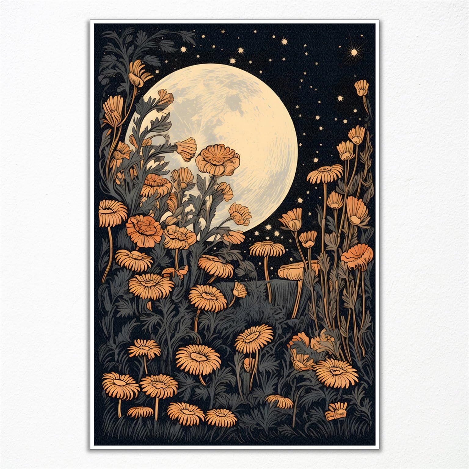 Vintage Moon Flowers Canvas Wall Art, Retro Mystical Celestial Moon Poster, Rustic Yellow Wildflower Field Print, Cottagecore Et