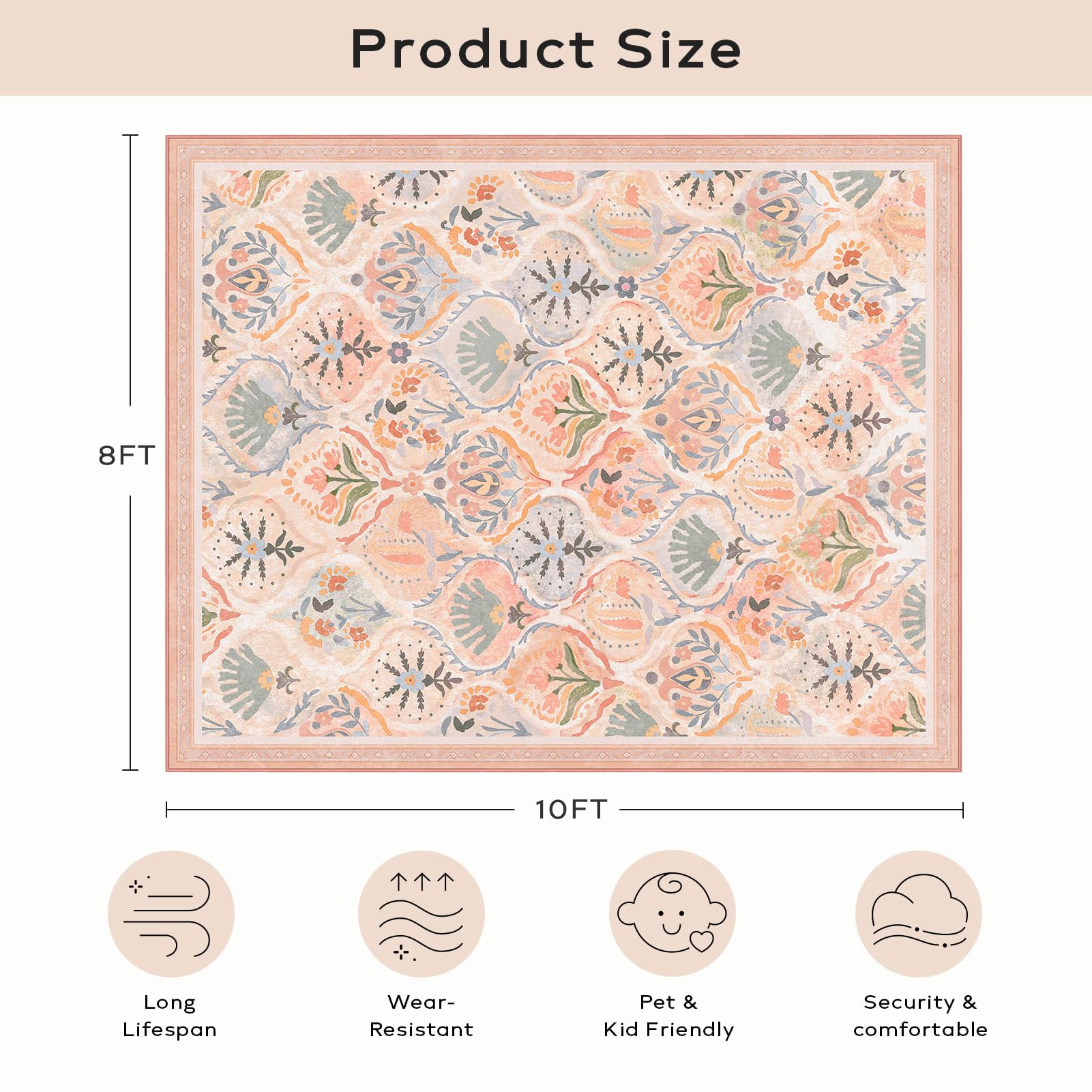 Ashler 8X10 Vintage Rug, Floral Area Rugs, Ultra-Thin Boho Tropical Rug, Vintage Large Rugs For Entryway, Kitchen, Flesh Pink/Be