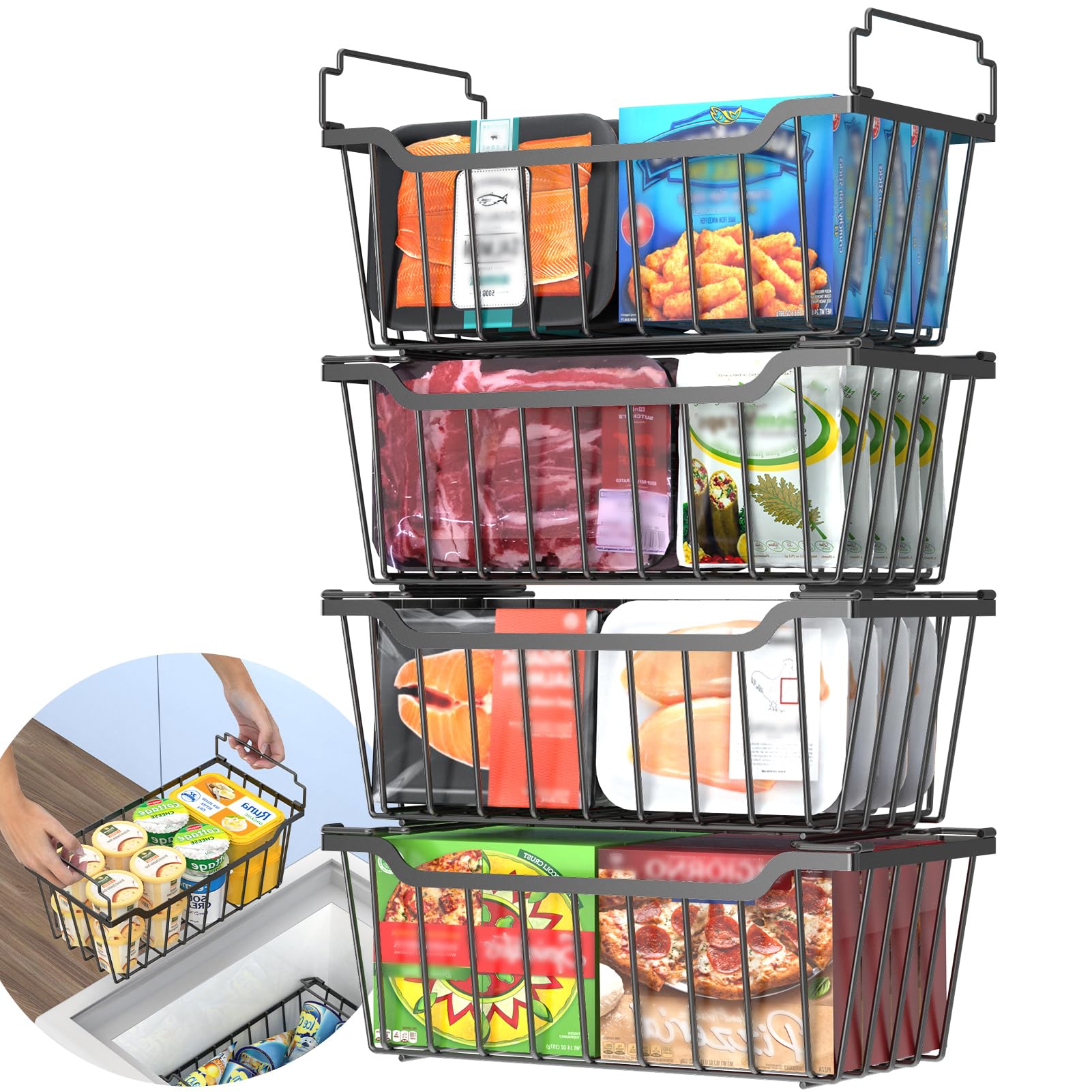 Goovilla Freezer Organizer Bins With Foldable Handle, 4 Pack Stackable Freezer Baskets For 3.5-7 Cu.Ft Deep Chest Freezer Organi