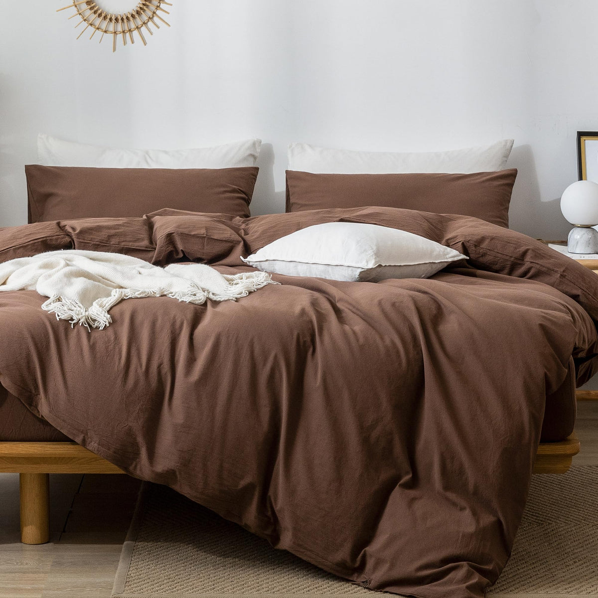 Moomee Bedding Duvet Cover Set 100% Washed Cotton Linen Like Textured Breathable Durable Soft Comfy (Cocoa Brown, Oversized Quee