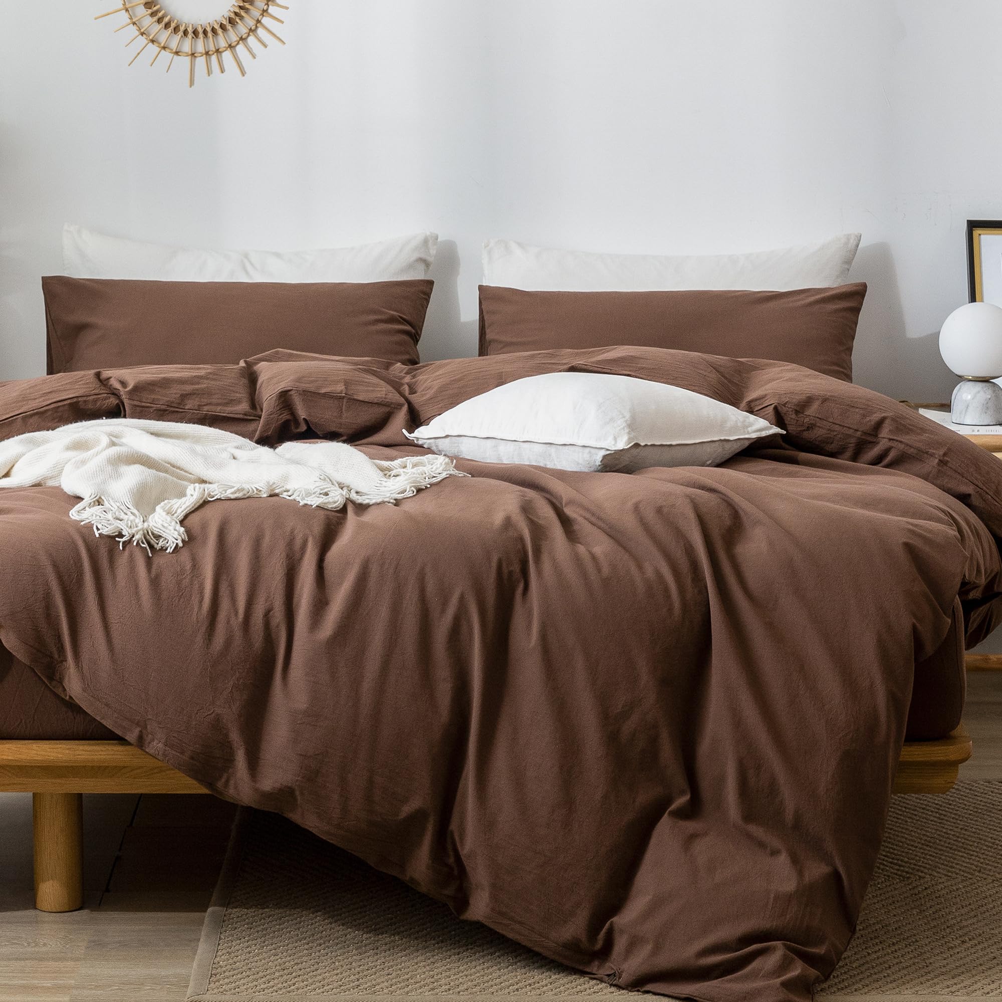 Moomee Bedding Duvet Cover Set 100% Washed Cotton Linen Like Textured Breathable Durable Soft Comfy (Cocoa Brown, Twin)