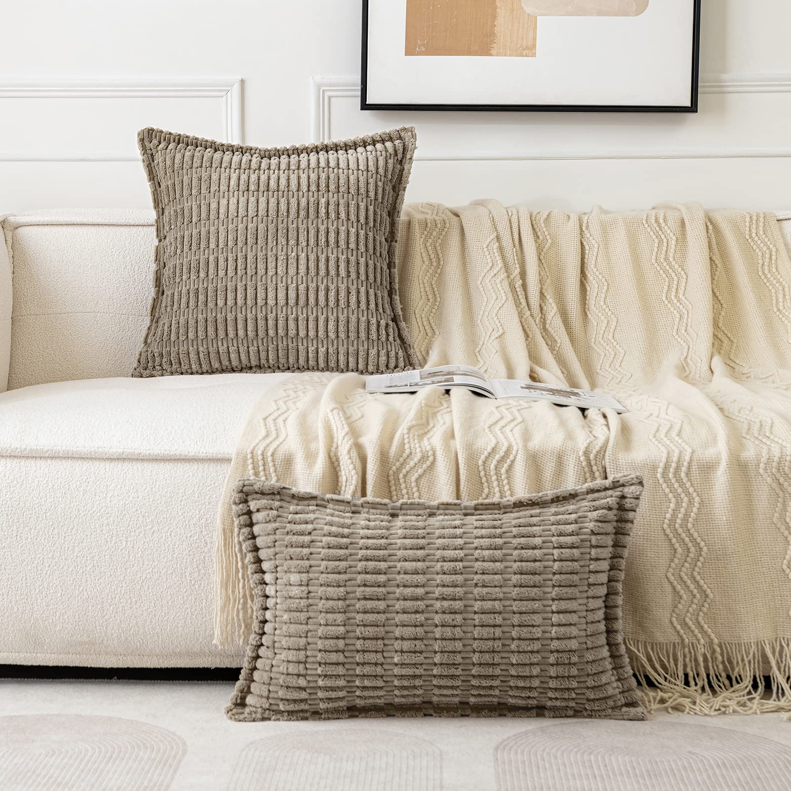 Miulee Light Brown Corduroy Decorative Throw Pillow Covers Pack Of 2 Soft Striped Pillows Pillowcases With Broad Edge Winter Modern Boho Home Decor For Couch Sofa Bed 18X18 Inch