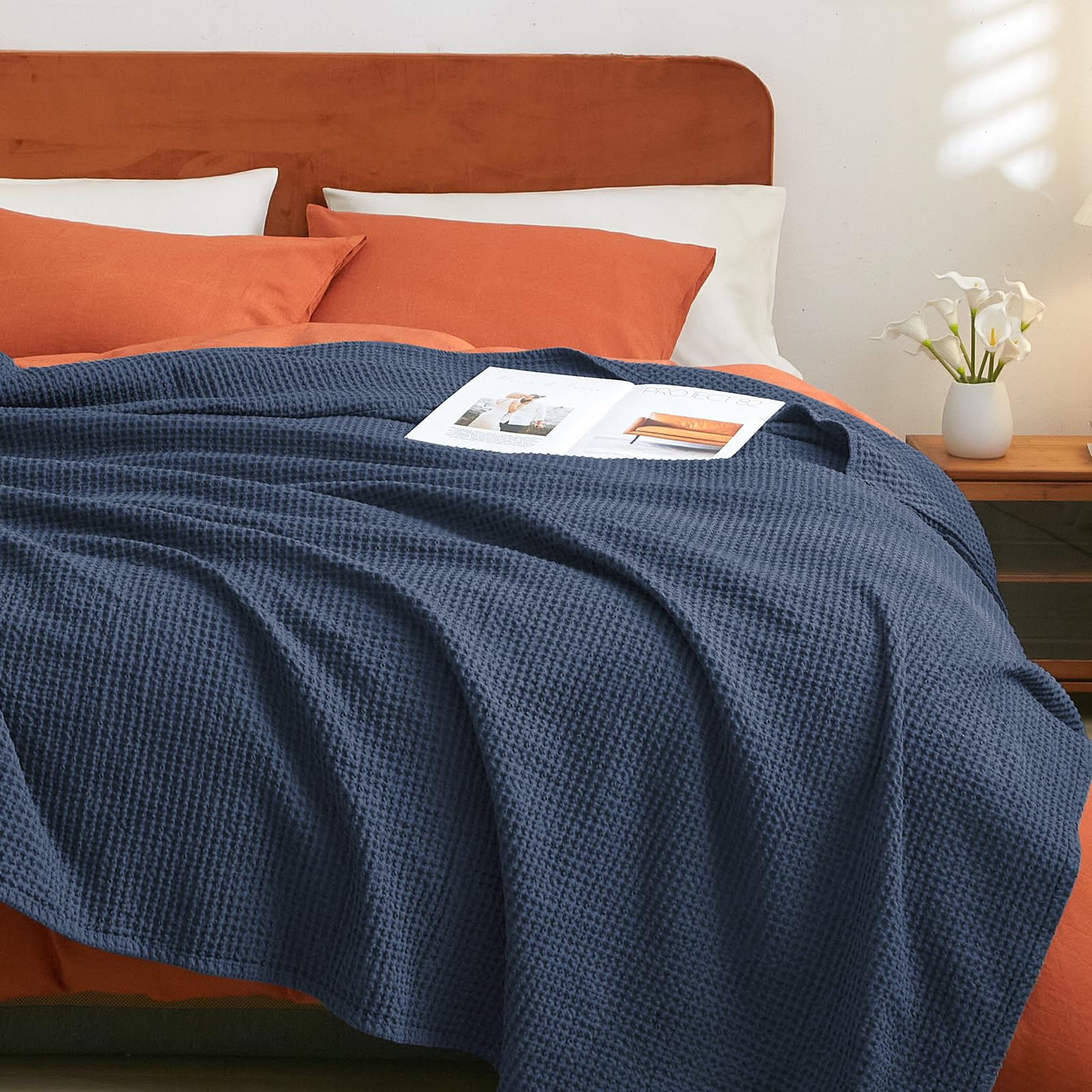 Phf 100% Cotton Waffle Weave Blanket Twin Size 66'X90'-Lightweight Washed Soft Breathable Blanket For All Season-Perfect Blanket Layer For Couch Bed Sofa -Elegant Home Decoration - Dark Navy