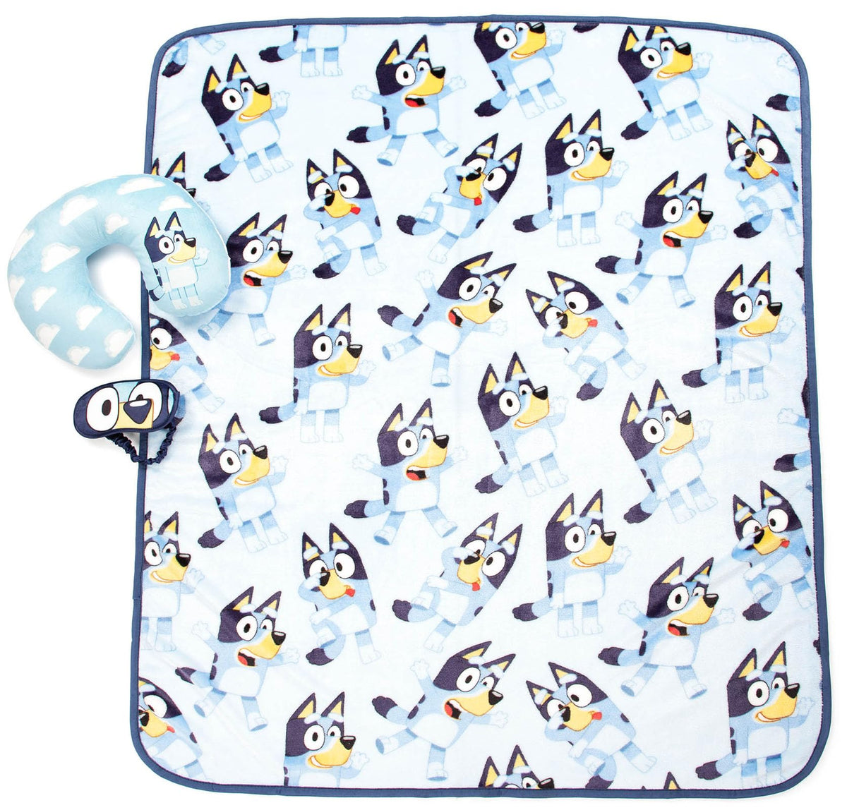Jay Franco Bluey Kids Travel Set - 3 Piece Set Includes 40 X 50 Throw Blanket, Eye Mask, And Neck Pillow - Super Soft & Cozy Tra