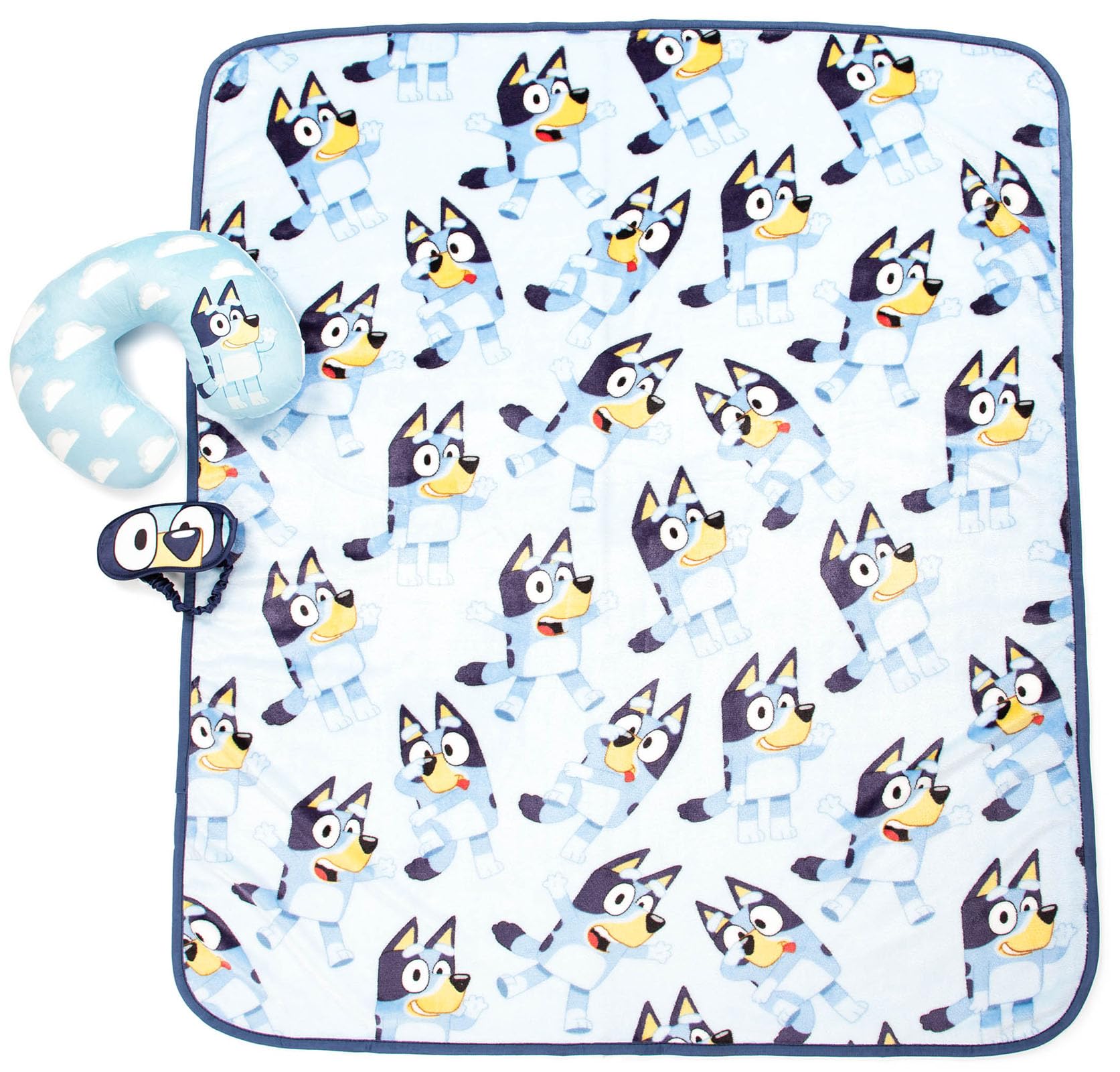 Jay Franco Bluey Kids Travel Set - 3 Piece Set Includes 40 X 50 Throw Blanket, Eye Mask, And Neck Pillow - Super Soft & Cozy Tra