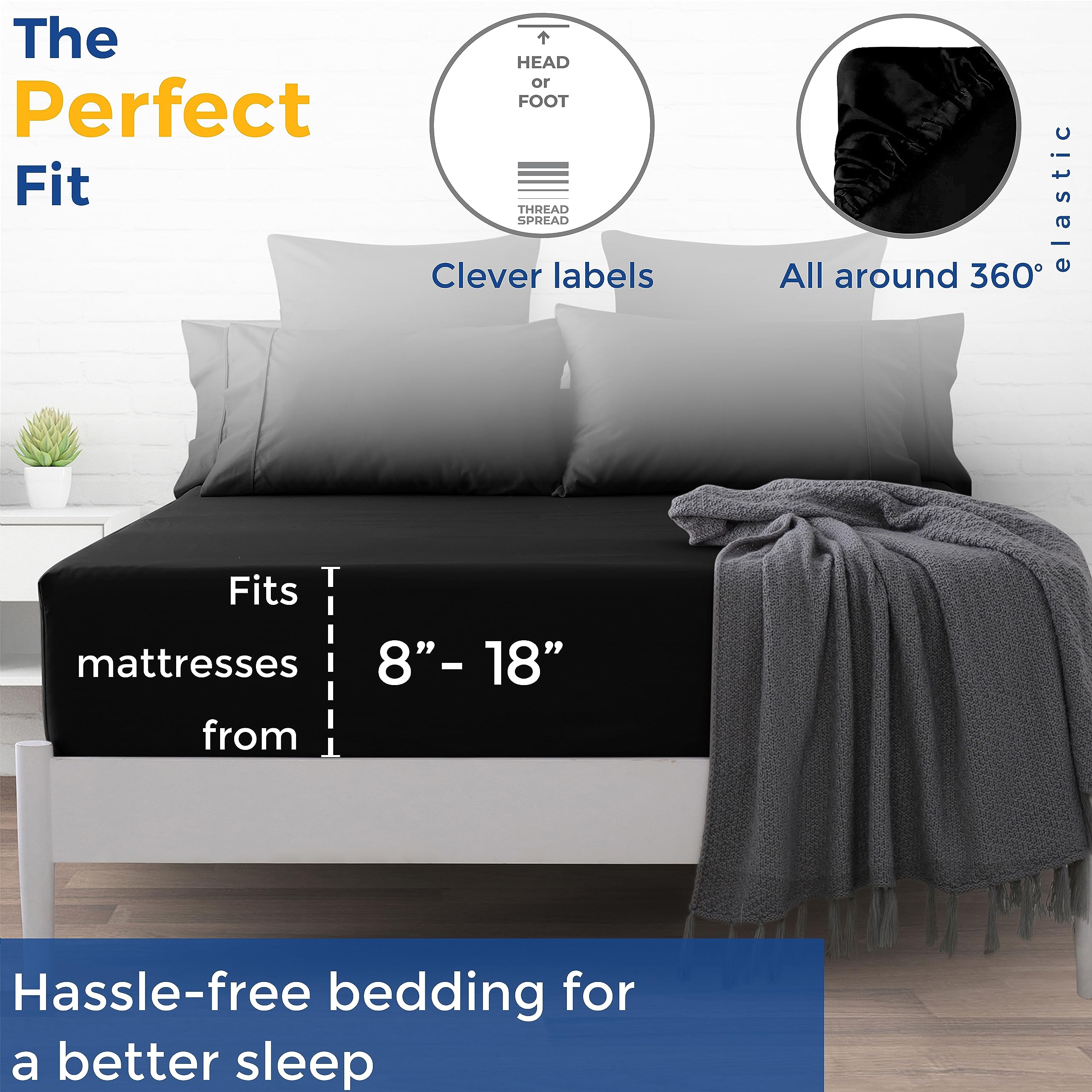 Thread Spread Twin Xl Fitted Sheet Only - 100% Egyptian Cotton 600 Thread Count 16' Deep Pocket Fitted Sheet Twin Xl, Soft Cooling Sateen Weave Bottom Sheet, Fits College Dorm Mattress, Teens - Black