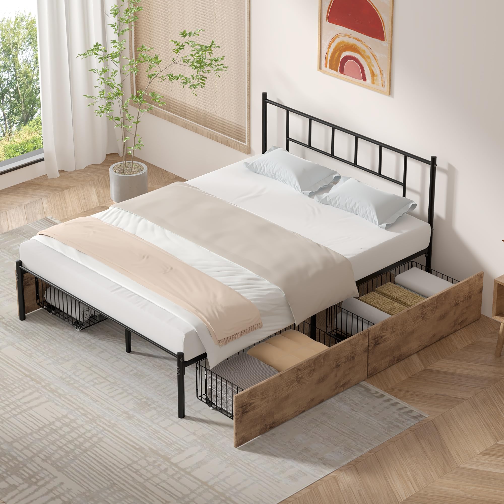 Vecelo Queen Size Metal Platform Bed Frame With Headboard & 4 Storage Drawers, Heavy Duty Steel Slat Support, No Box Spring Needed, Easy Assembly