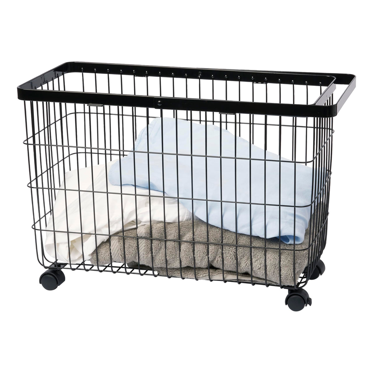 Yamazaki Home Small Rolling Laundry Basket Metal Hamper Cart with Wheels and Handle | Steel, One Size, Black