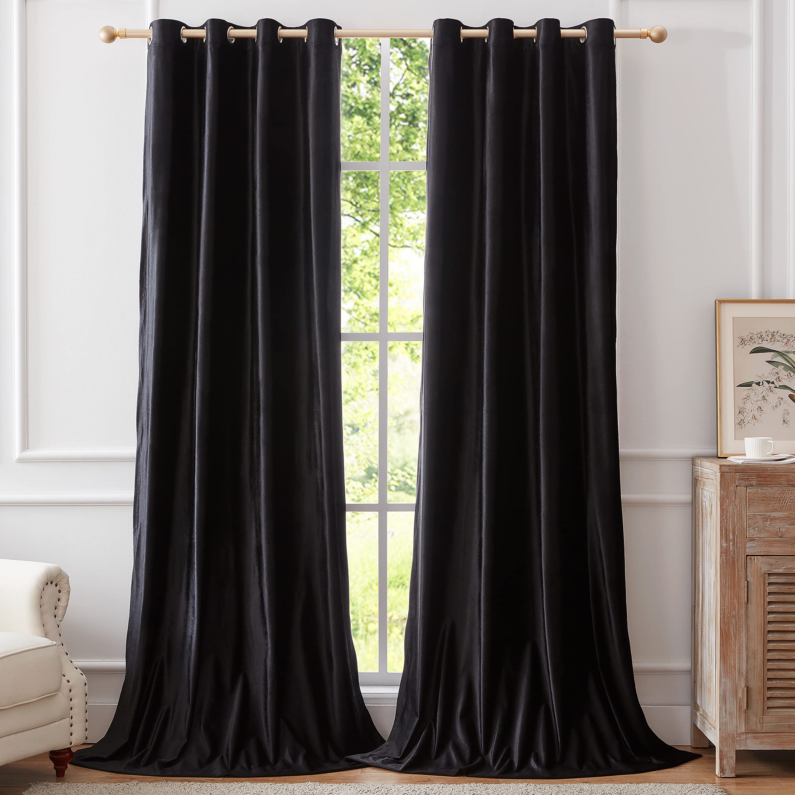 Bulbul Black Curtains 108 Inch Length- Living Room Velvet Blackout Window Drapes Curtains Thermal Insulated Room Darkening Decor