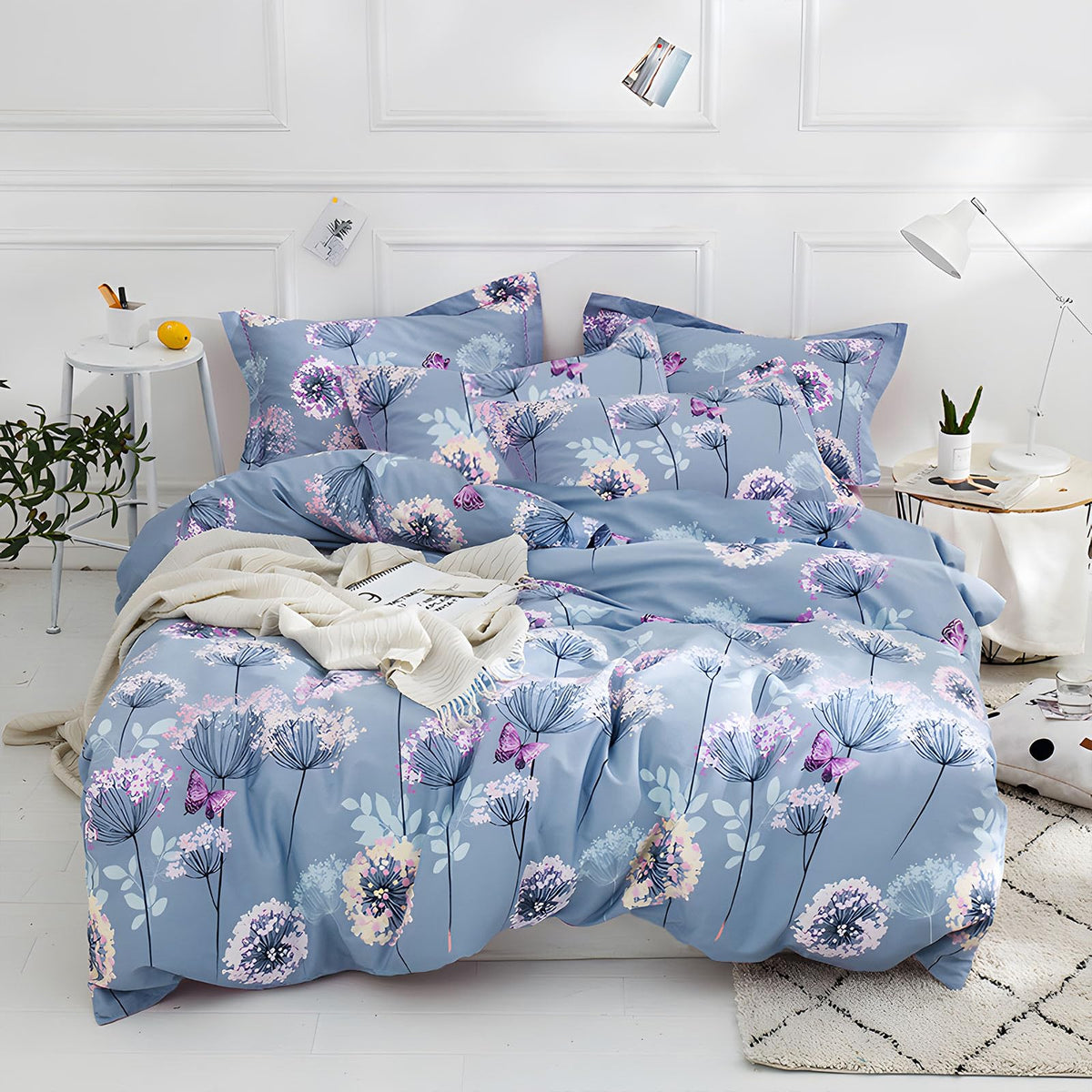 Eavd Dandelion Floral Comforter Set Full Blue Fluffy Microfiber Garden Cute Butterfly Floral Bedding Set 1 Full Comforter With 2