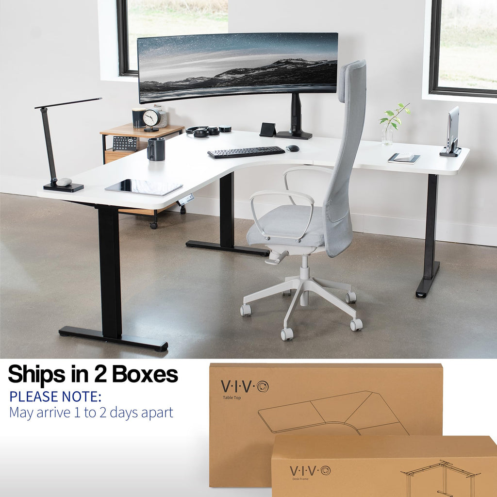 Vivo Electric Height Adjustable 71 X 71 Inch Curved Corner Stand Up Desk, White Table Top, Black Frame, Memory Controller, L-Shaped Workstation, E3C Series, Desk-Kit-E3Cbw