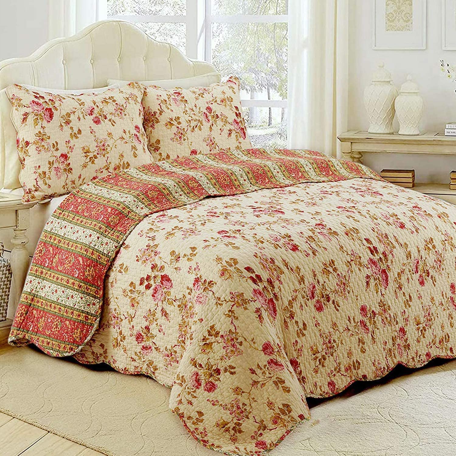 Cozy Line Home Fashions Rose Garden Vintage Floral Pink Khaki 100% Cotton Reversible Quilt Bedding Set, Coverlet Bedspread (Vint