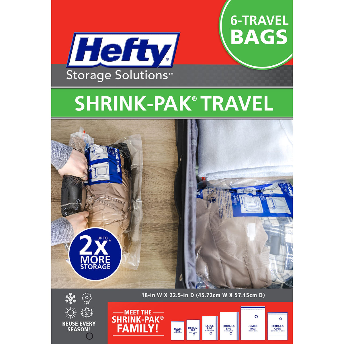 Hefty Shrink-Pak Large Travel Bags - Airtight Storage Bags for Maximum Space Saving, Travel Essentials, Ideal for Travel and Pac