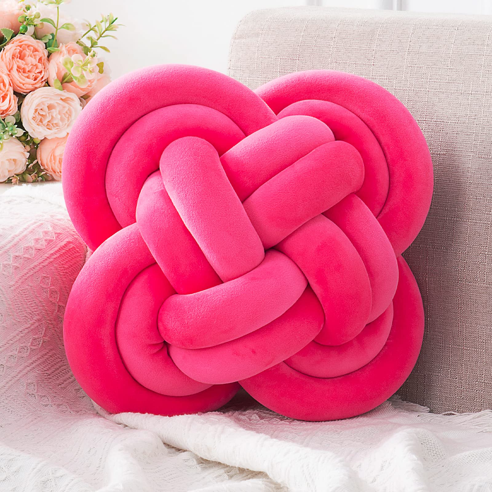 Xiashrk Knot Pillow, Decorative Throw Pillows With Soft Plush For Couch, 12' Knotted Pillows Rose Red Dorm Room Decor Knot Pill