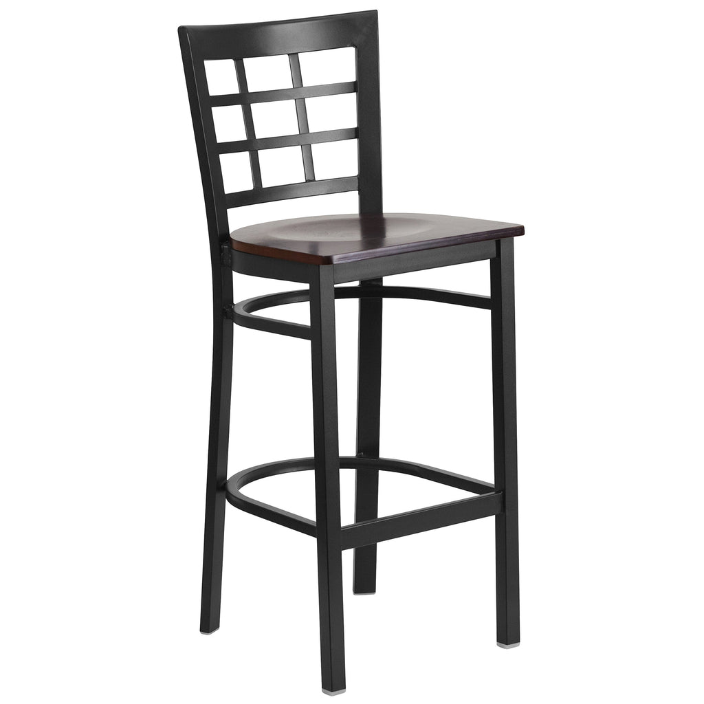 Flash Furniture HERCULES Series Black Window Back Metal Restaurant Barstool - Walnut Wood Seat