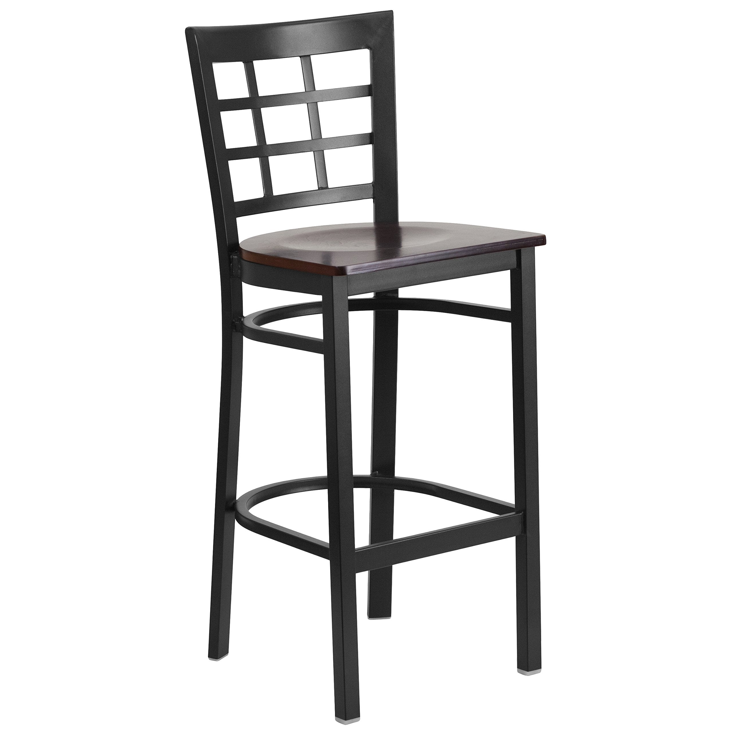 Flash Furniture HERCULES Series Black Window Back Metal Restaurant Barstool - Walnut Wood Seat