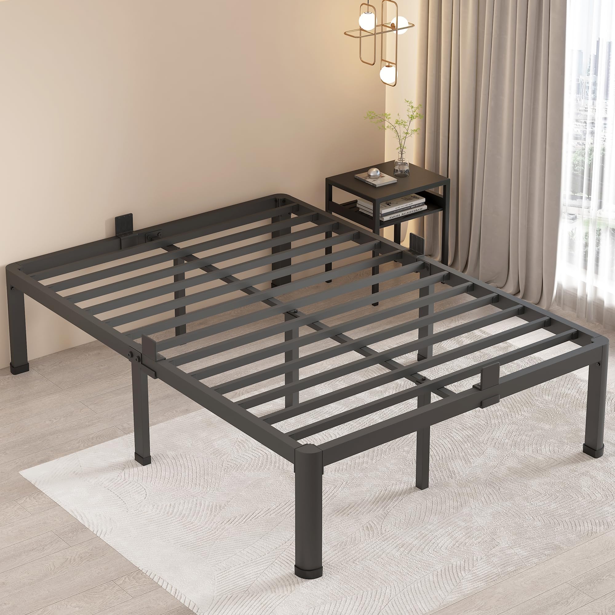 Maf 18 Inch Queen Bed Frames With Round Corner Legs Mattress Slide Stopper No Box Spring Needed Heavy Duty Metal Platform Bed Frame Under-Bed Storage Space, 3000 Lbs Steel Slats Support