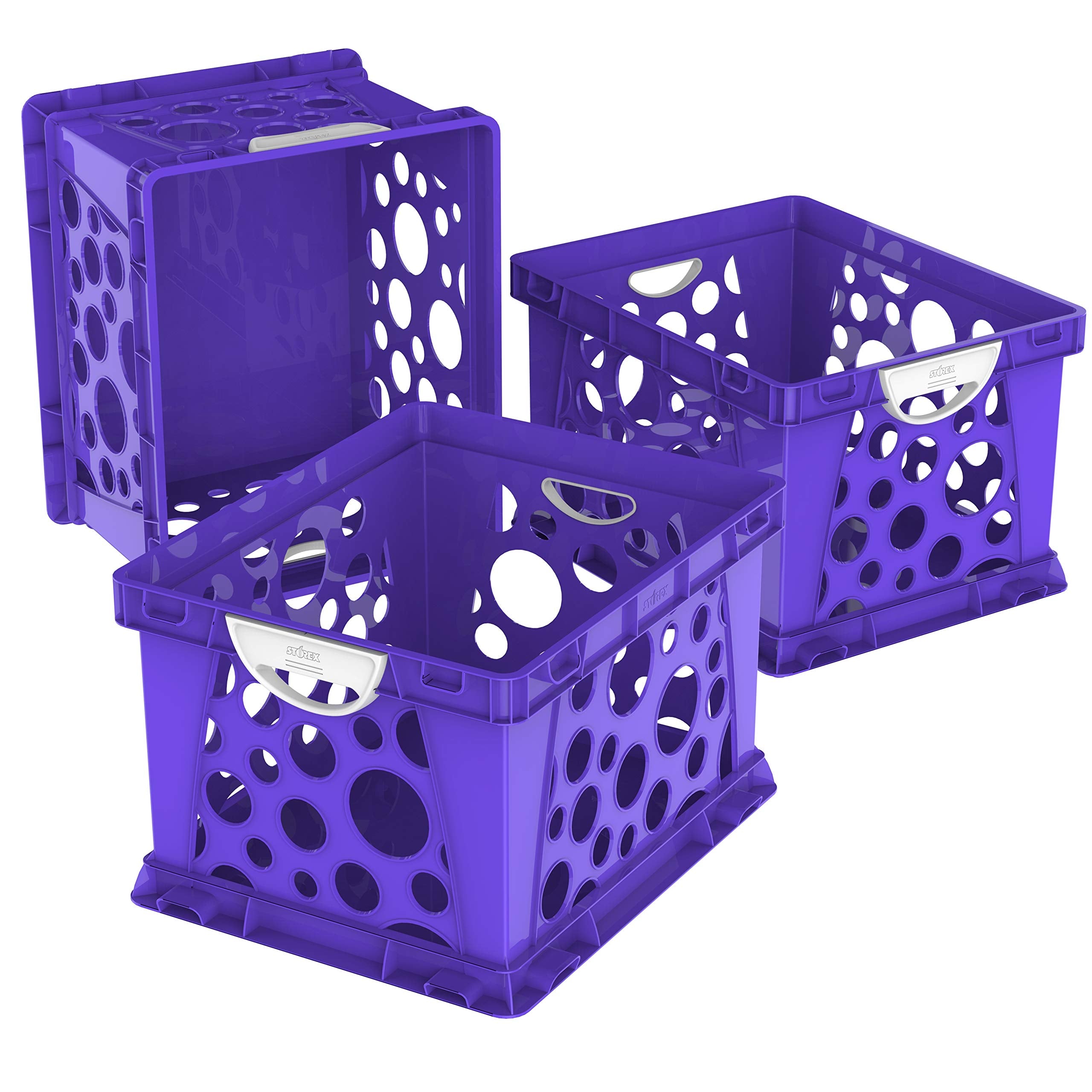 Storex Premium File Crate With Molded Handles - Letter And Legal Document And Folder Storage, Purple/White 3-Pack (61754C03C)
