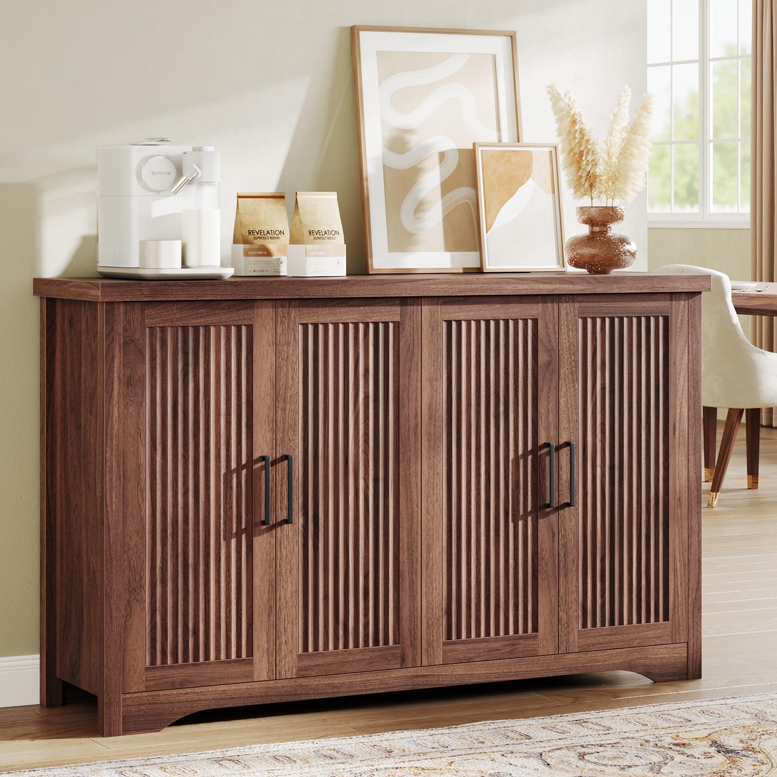 Memobarco Fluted Buffet Cabinet with Storage Accent Sideboard,Modern Credenza with 4 Doors & Adjustable Shelves,Wood Coffee Bar 