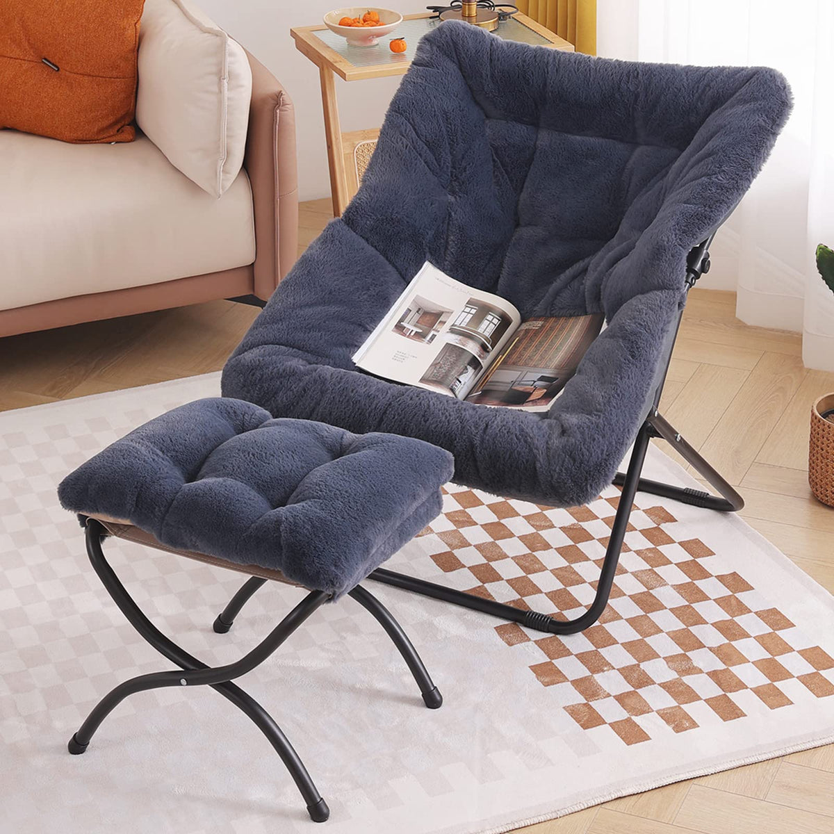 Tiita Saucer Chair with Ottoman, Soft Faux Fur Oversized Folding Accent Chair,Lounge Lazy Chair, Metal Frame Moon Chair for Bedr