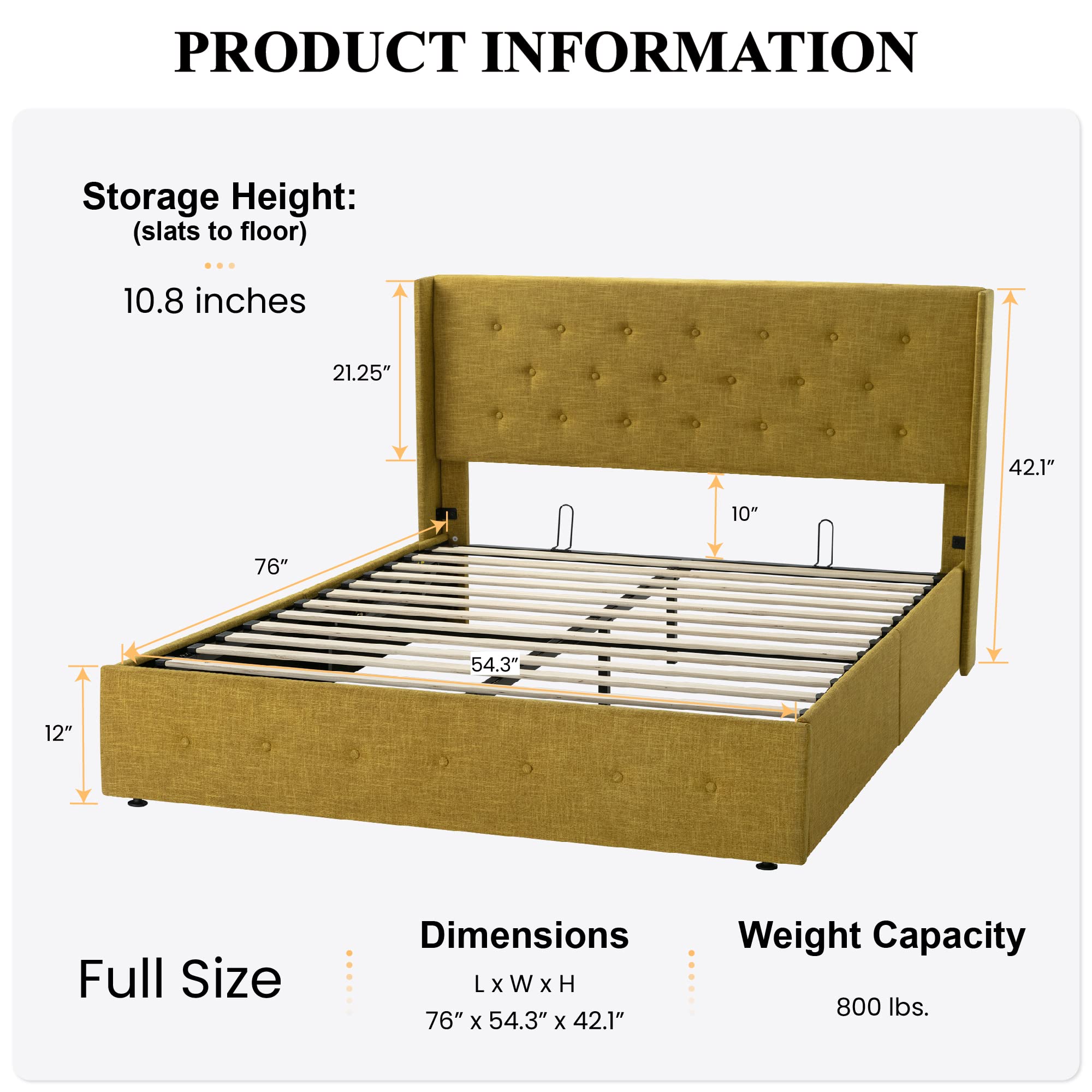 Sha Cerlin Full Size Lift Up Storage Bed/Button Tufted Wingback Headboard/Hydraulic Storage/Upholstered Platform Bed Frame/No Box Spring Needed/Wood Slats Support/Olive Yellow