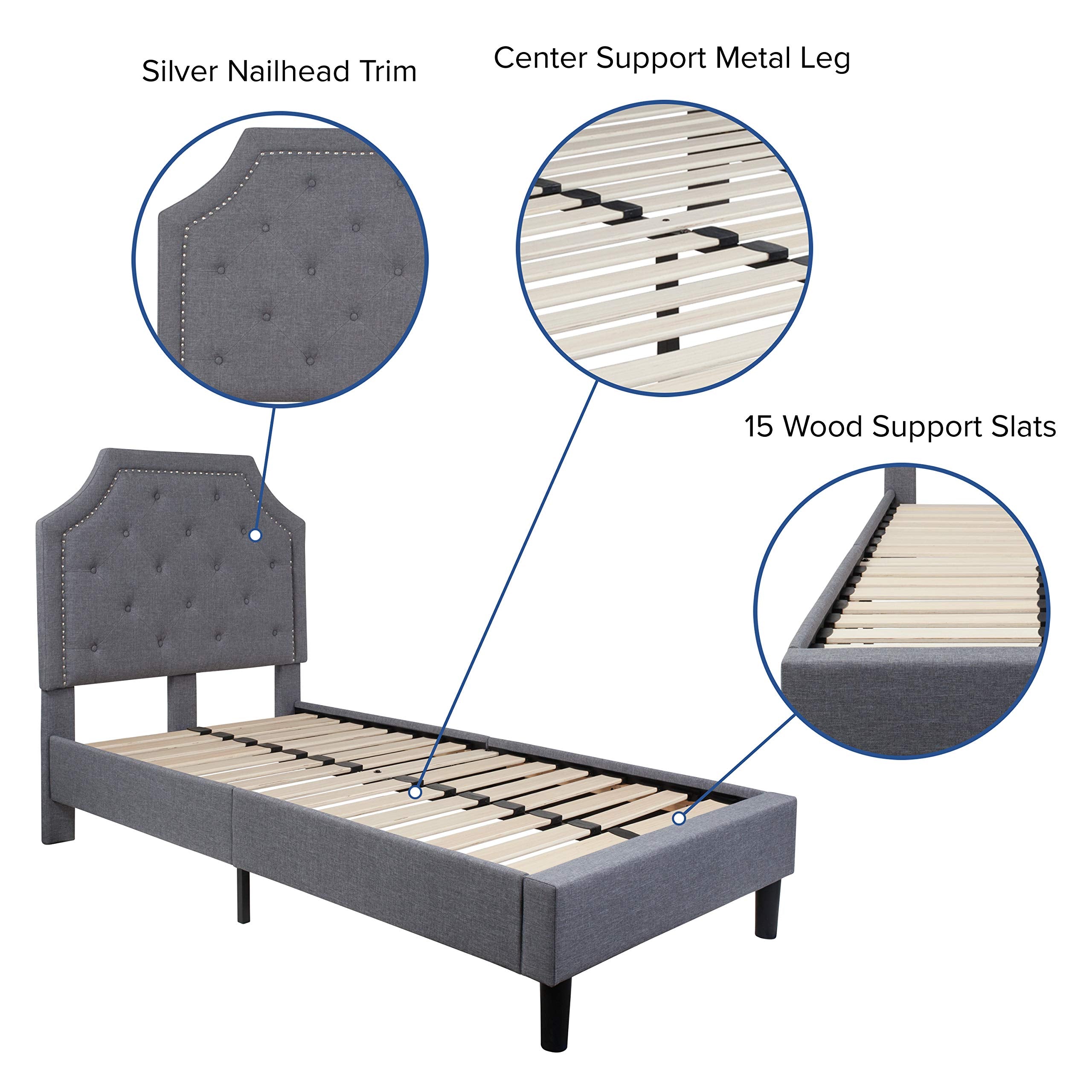 Flash Furniture Brighton Tufted Upholstered Platform Bed With 10 Inch Certipur-Us Certified Pocket Spring Mattress, Twin, Light Gray