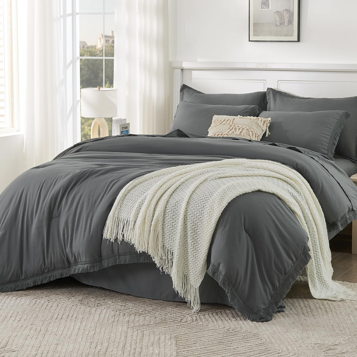 Andency Dark Grey Queen Size Comforter Set With Sheets - 7 Pieces Boho Tassel Bed In A Bag Soft Lightweight Bedding Sets, Dark G